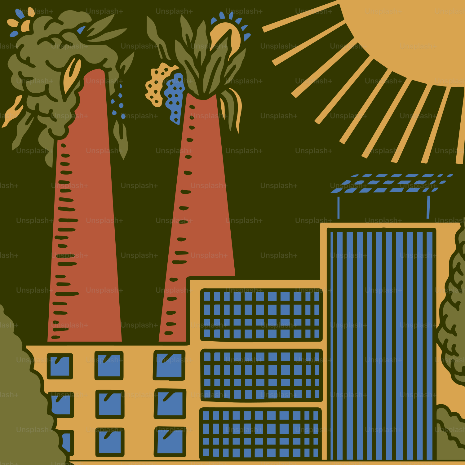 Factory with solar panels and sun