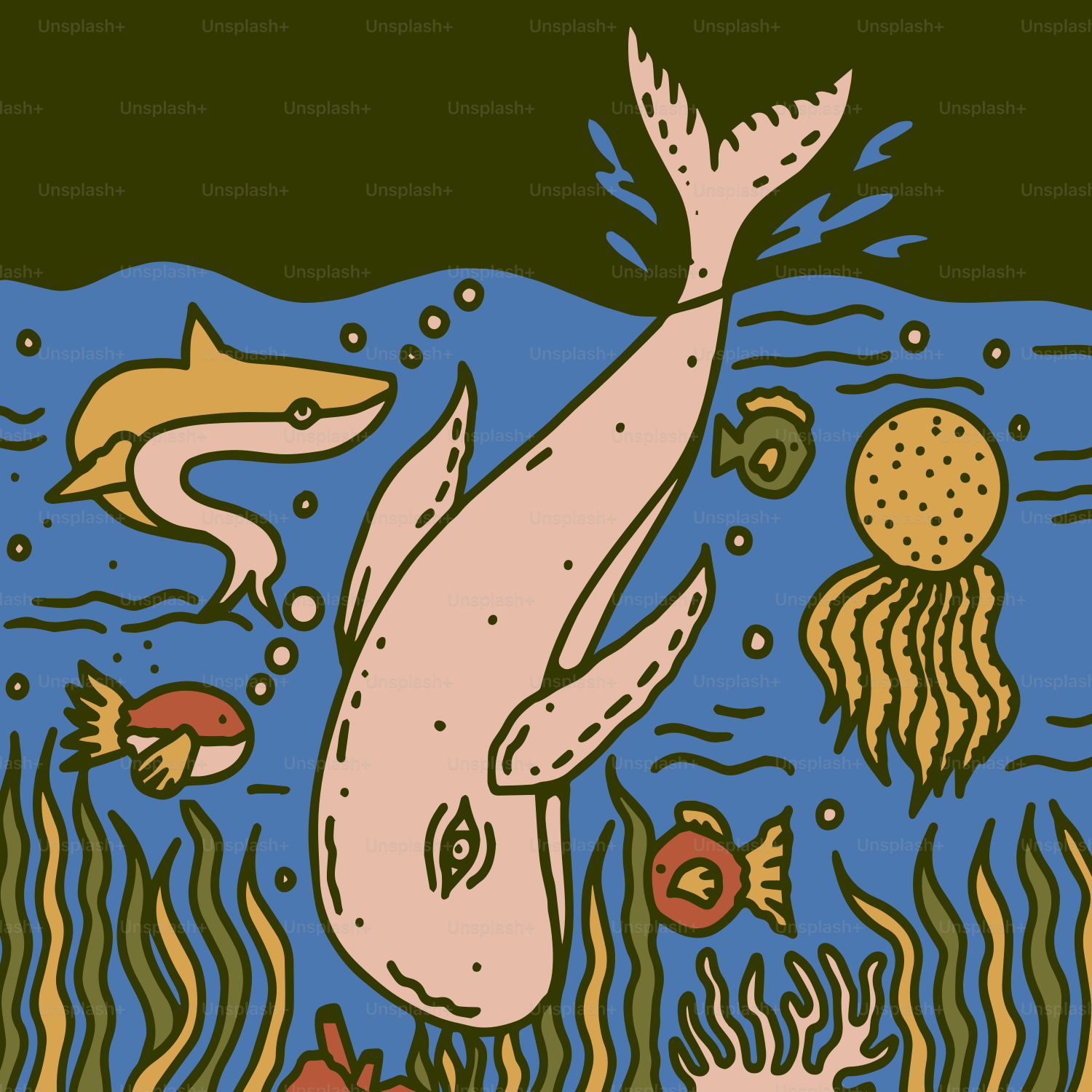 Whale and shark swimming with fish and jellyfish