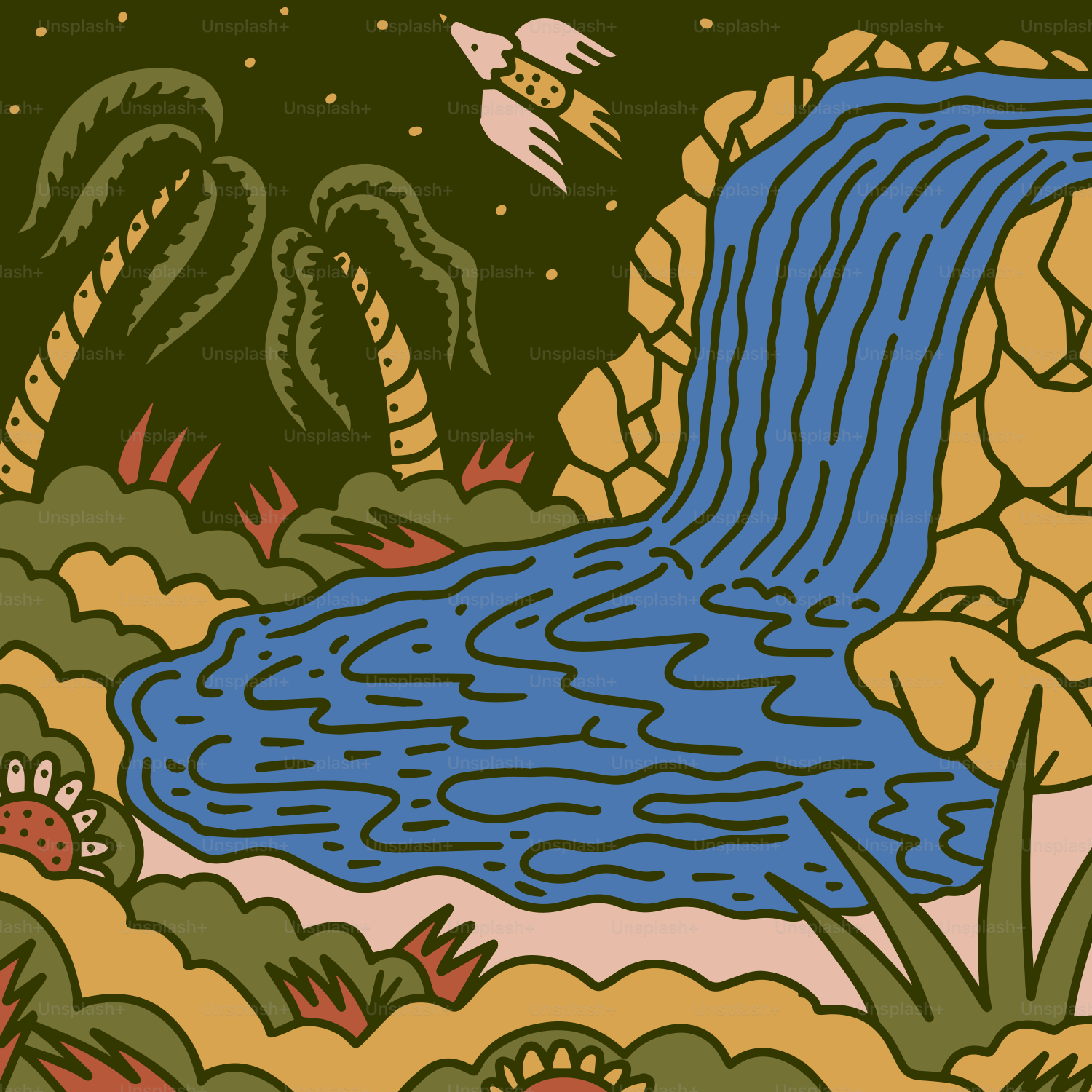 A stylized jungle scene with a waterfall and palm trees.