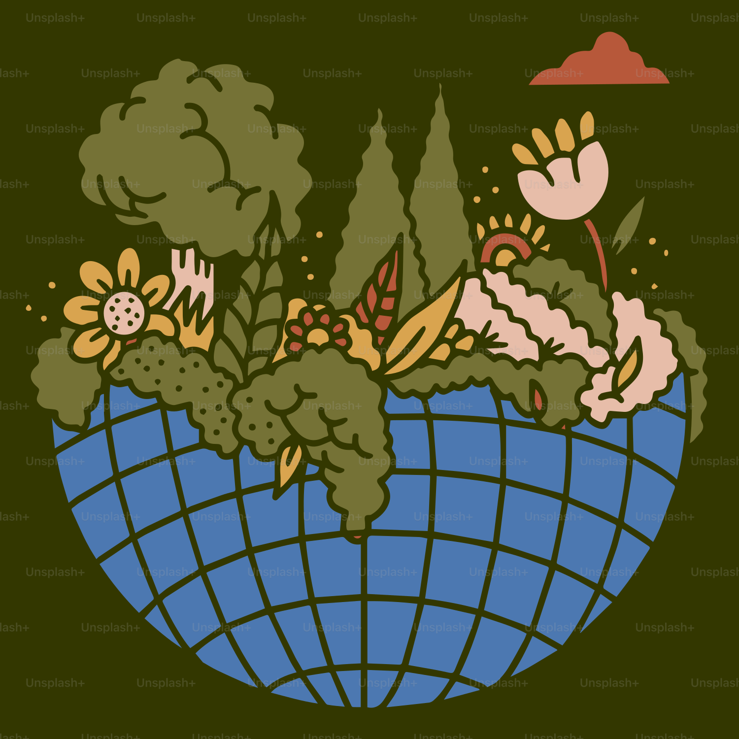 A picture of a globe with a bunch of plants on it