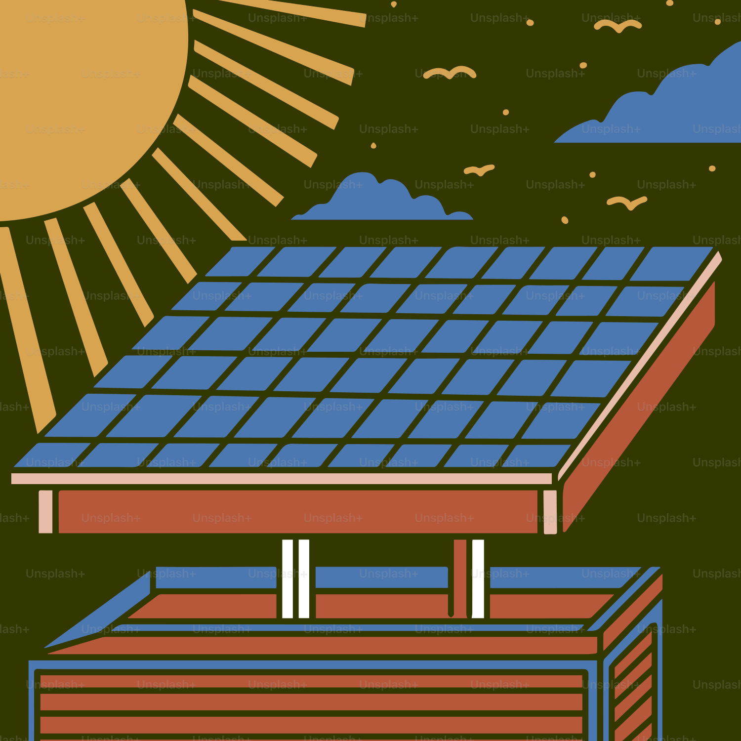 Solar panels on a rooftop under a sunny sky
