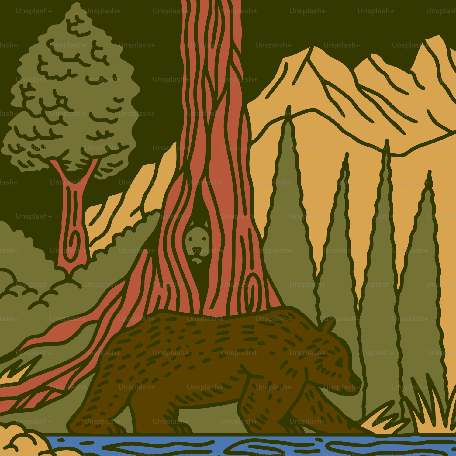 A bear walks by a stream in a forest.