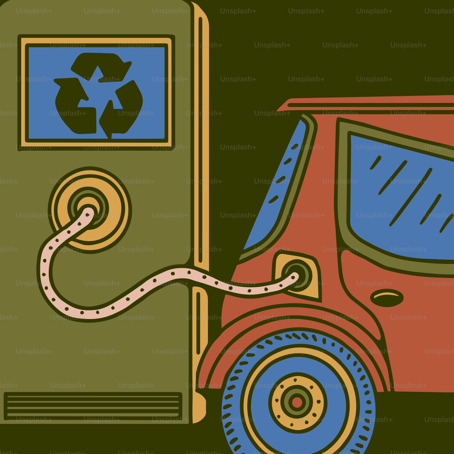 Electric car charging at a station with recycling symbol.