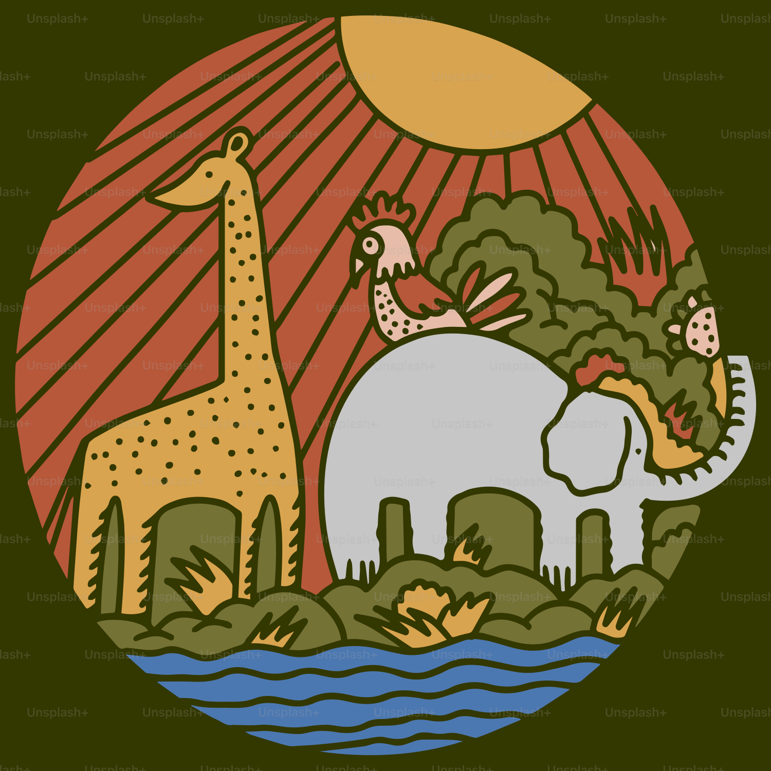 Giraffe, elephant, and chicken in a jungle scene