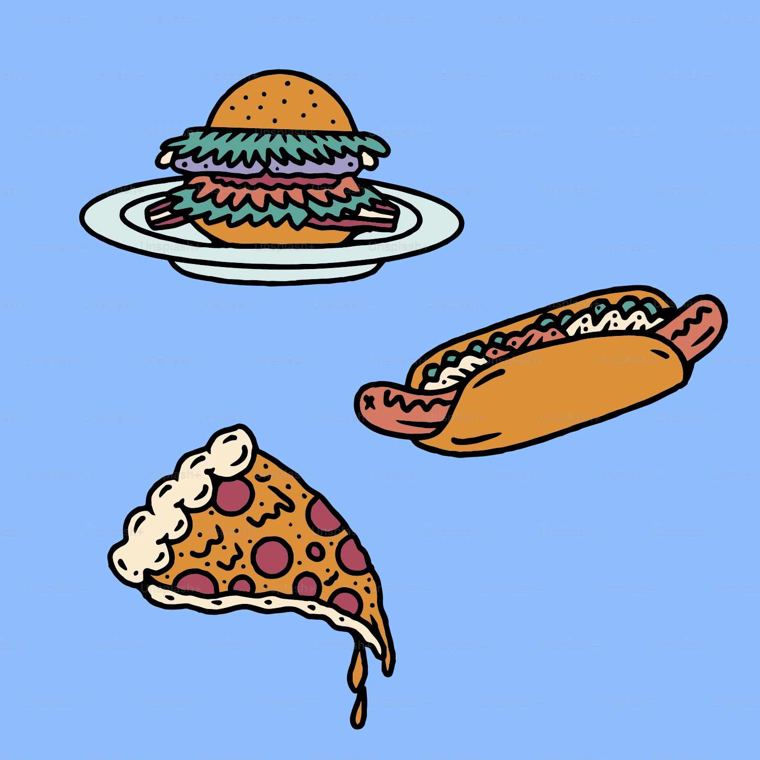 Burger, hot dog, and pizza slice on blue background