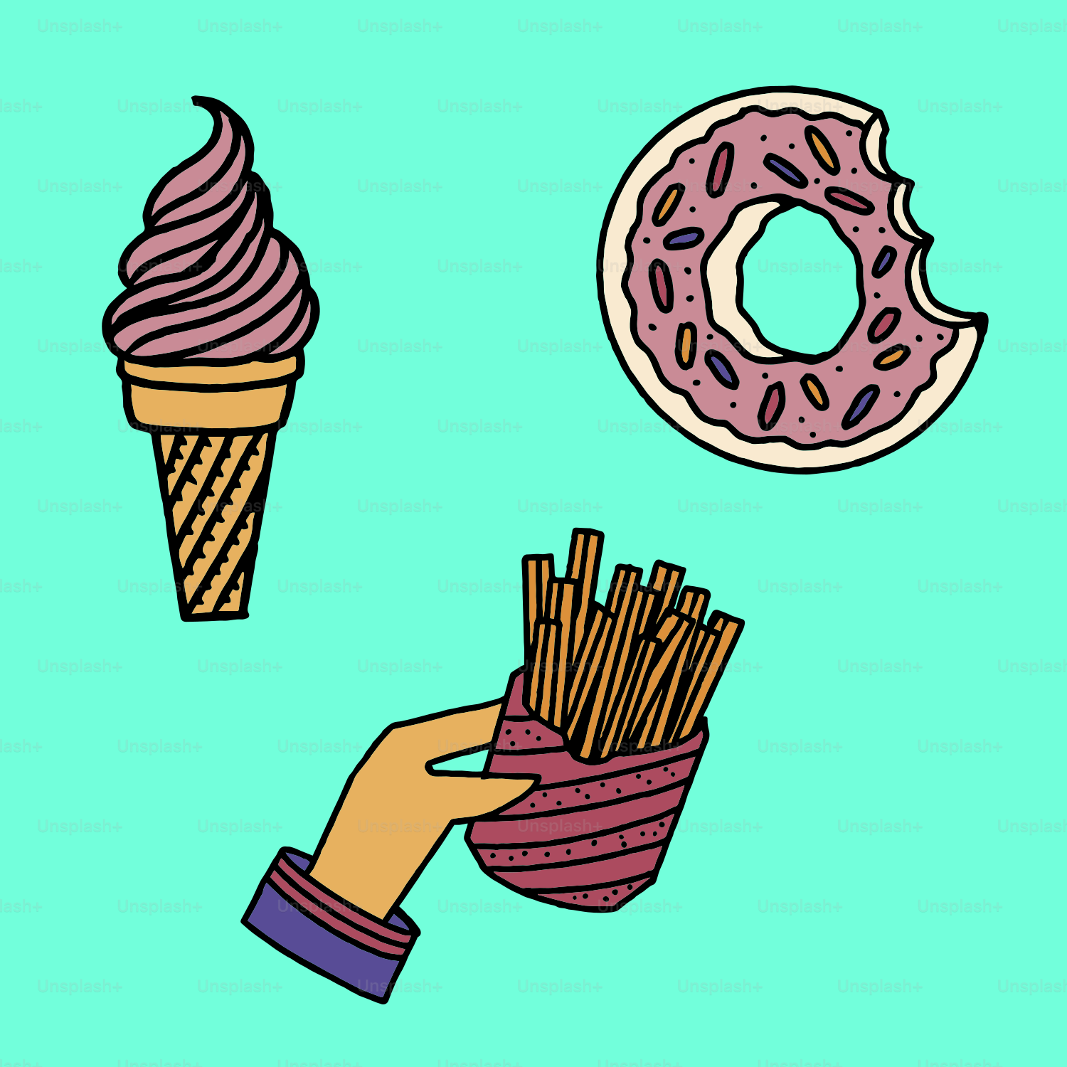 Ice cream, donut, and fries on teal background