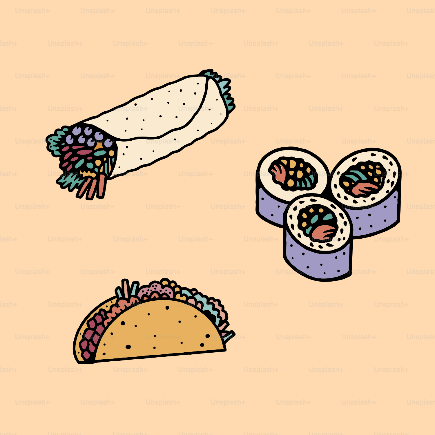Burrito, taco, and sushi rolls on a peach background