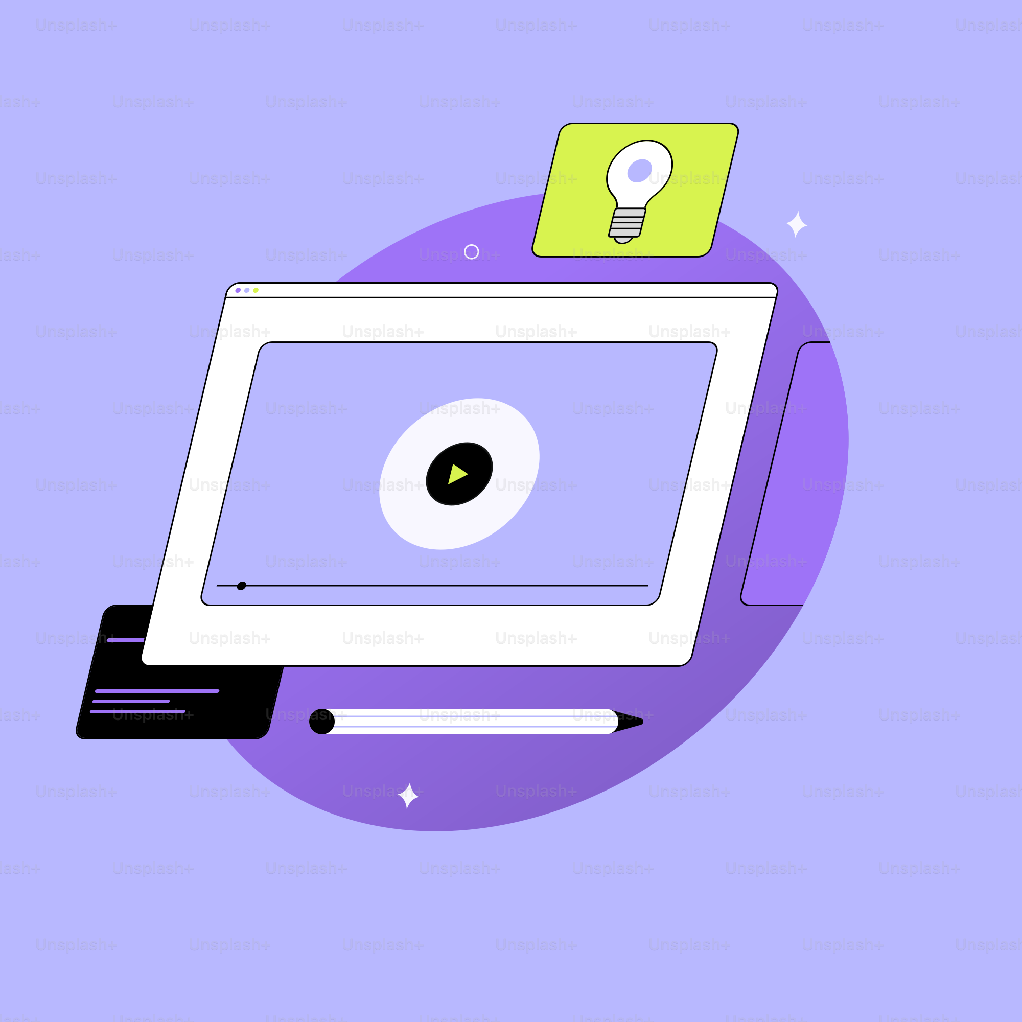 Digital tablet with video player and lightbulb icon.