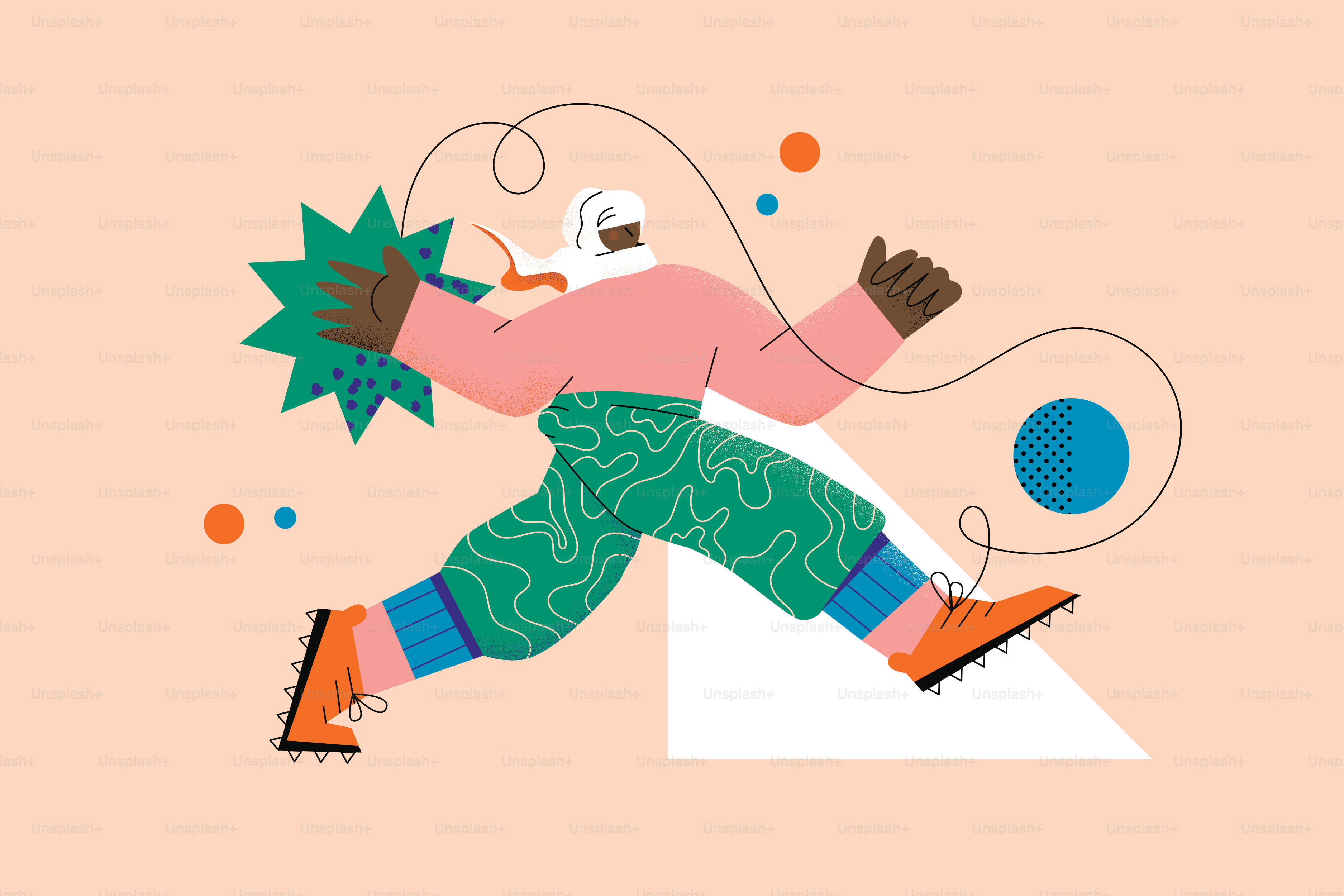 Stylized person leaping with abstract shapes