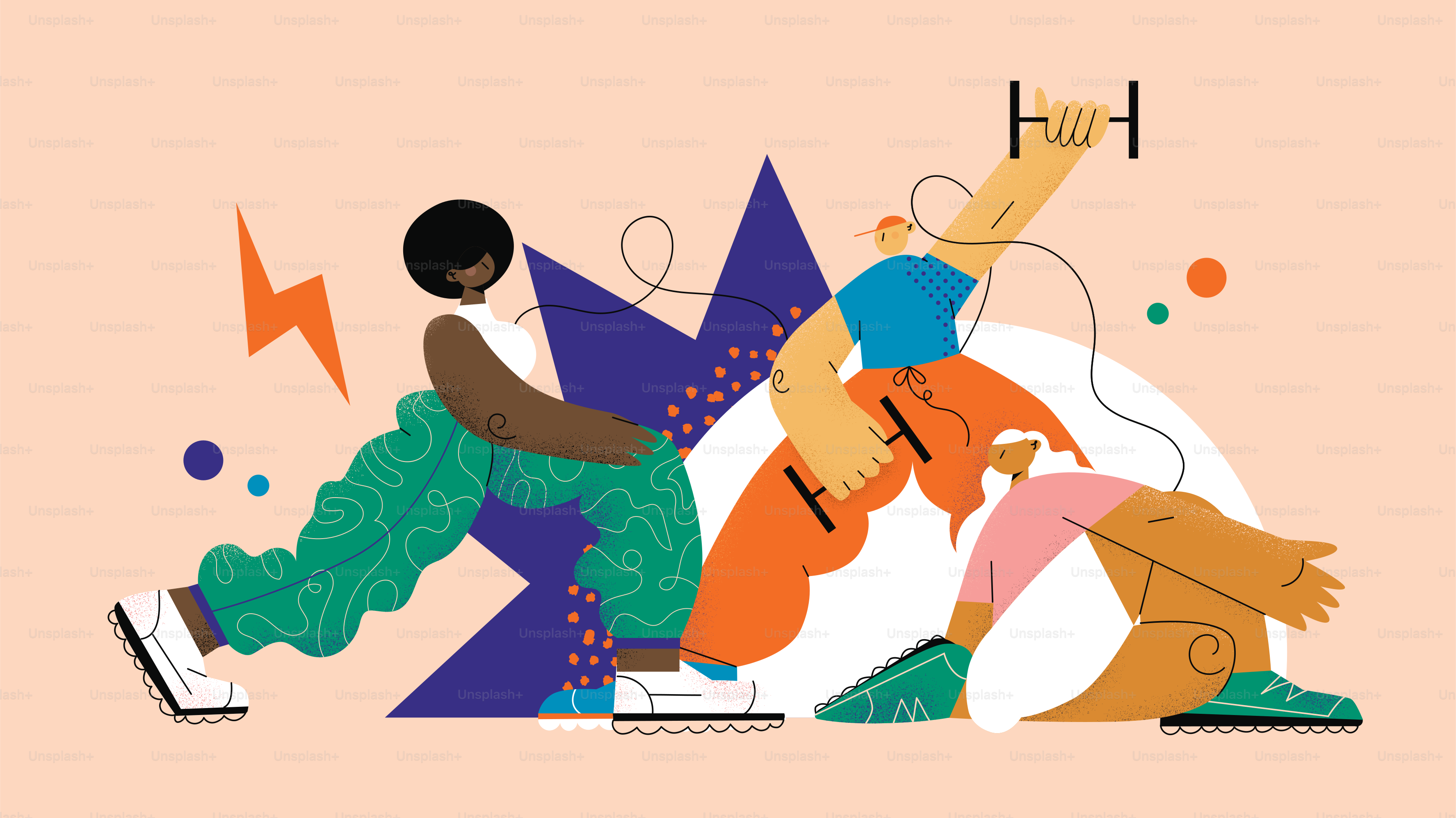 Diverse people exercising with weights and headphones