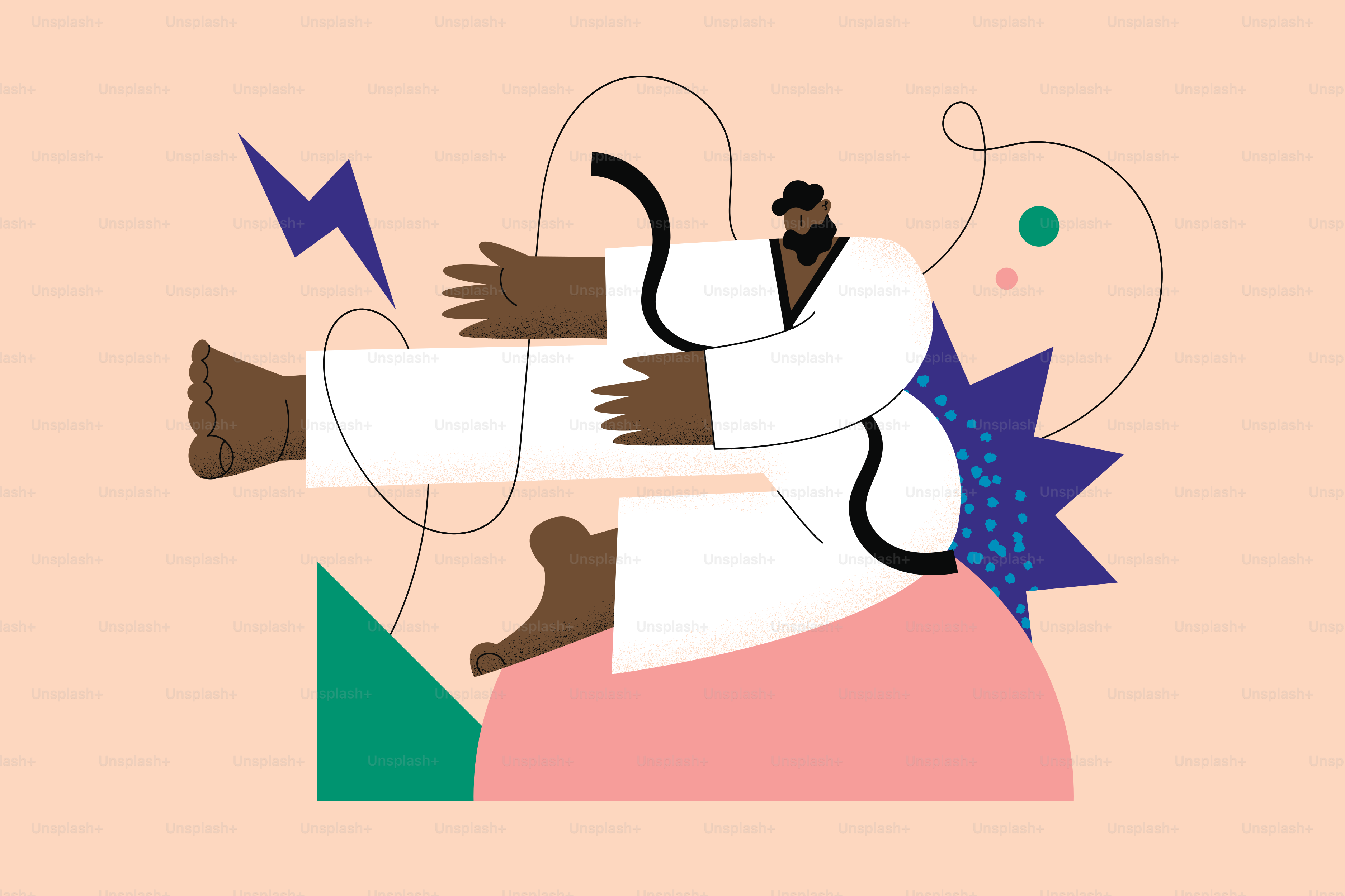 Man in martial arts uniform stretching on pink cushion.