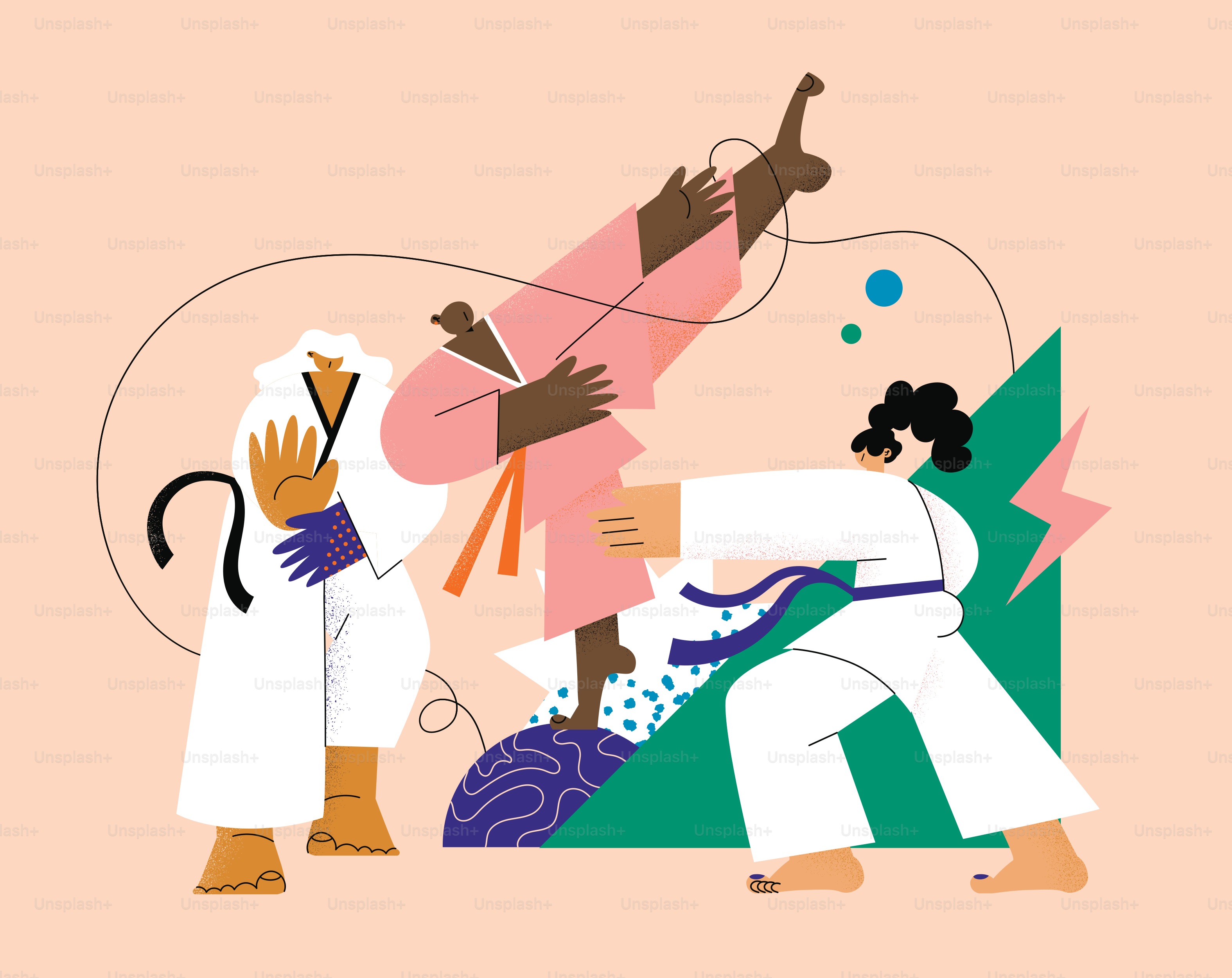 Two people practicing martial arts with a pink background