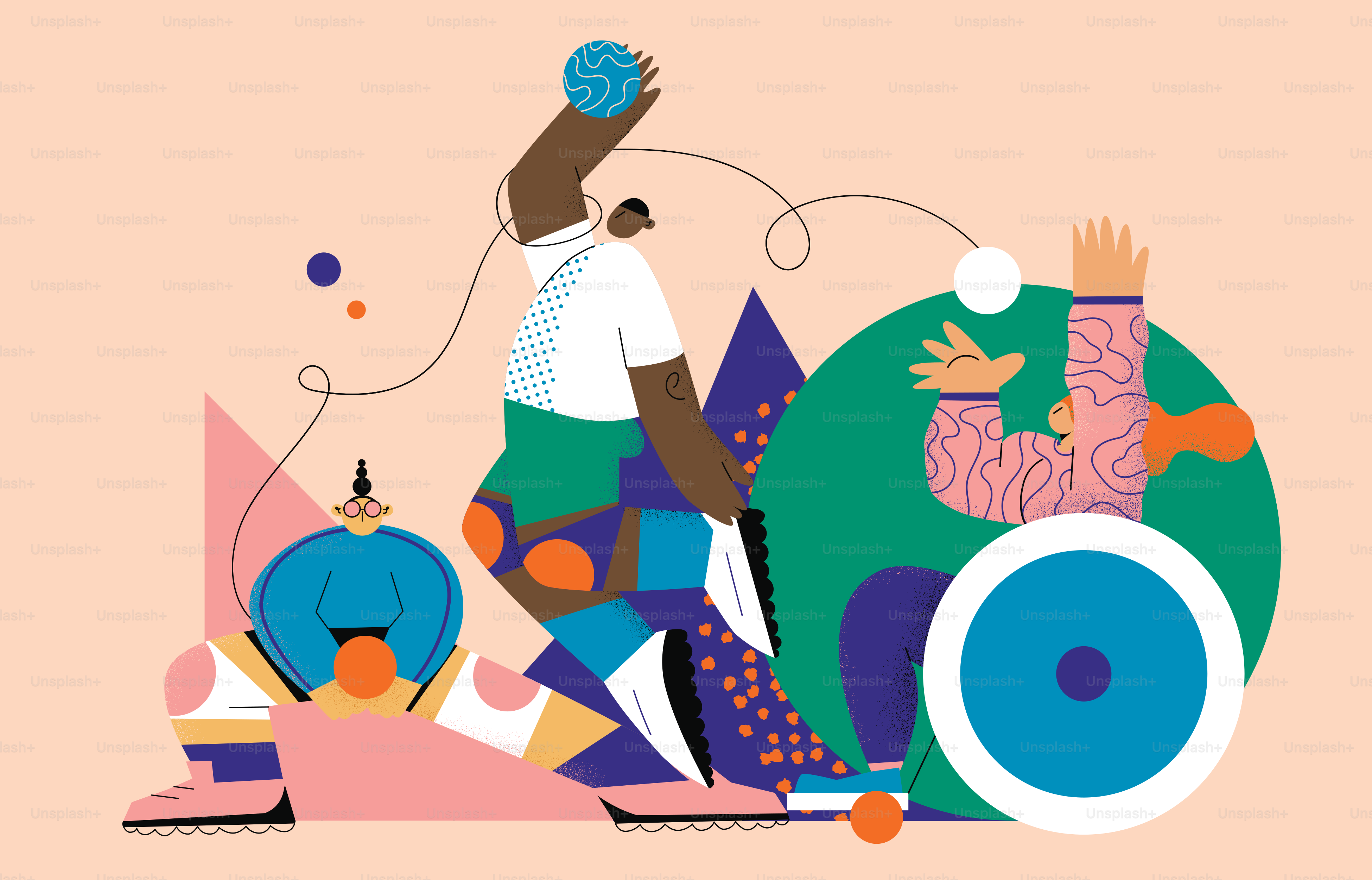 Abstrakte Figuren mit einer Person im Rollstuhl.