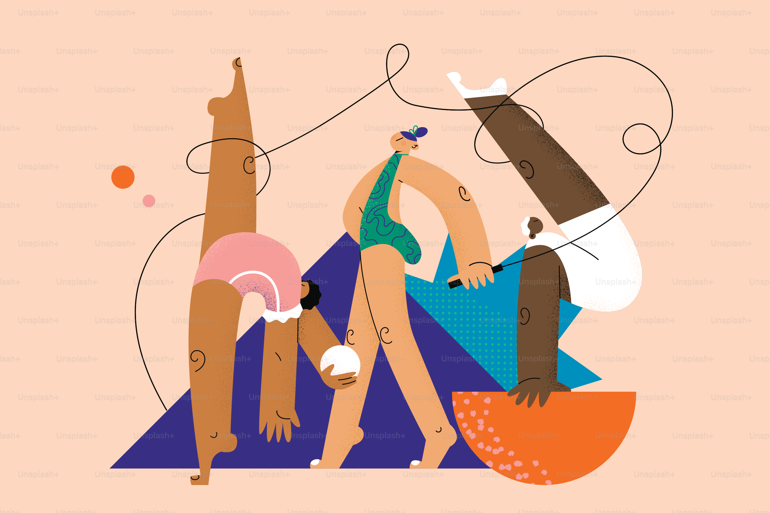 Three stylized figures in dynamic poses with abstract shapes