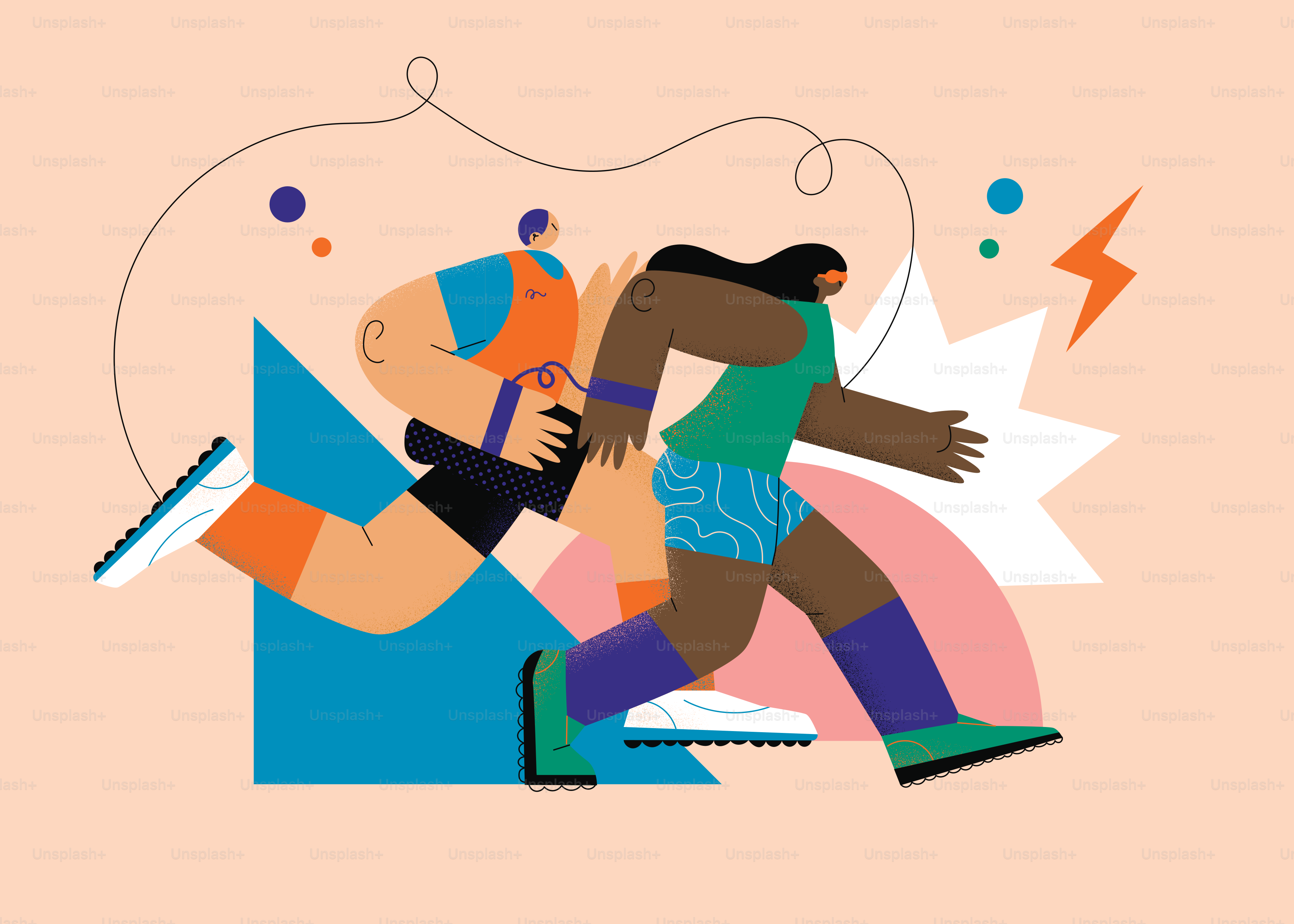 Two people running with abstract shapes in background