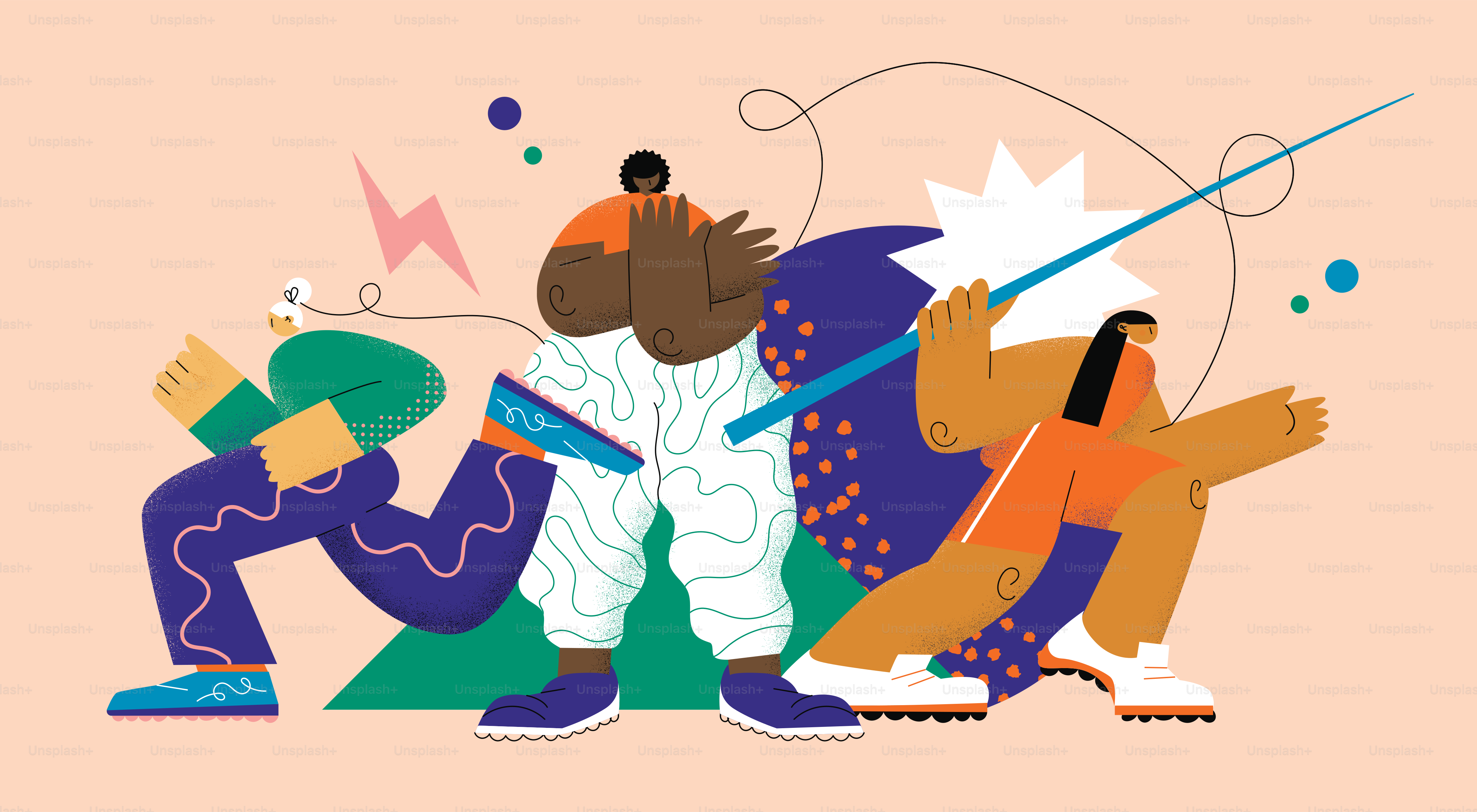 Abstract figures in dynamic poses with geometric shapes.