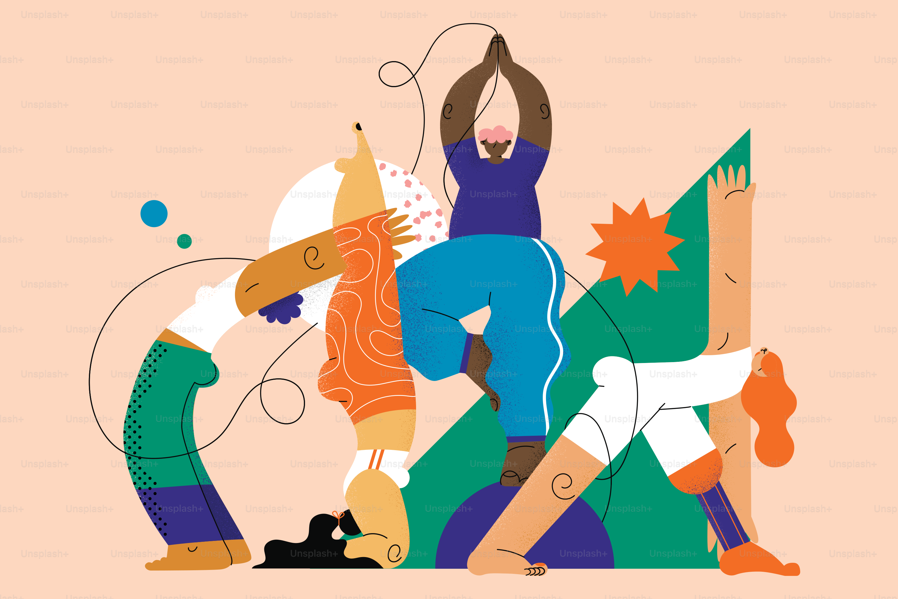 Diverse people practicing yoga in abstract geometric shapes