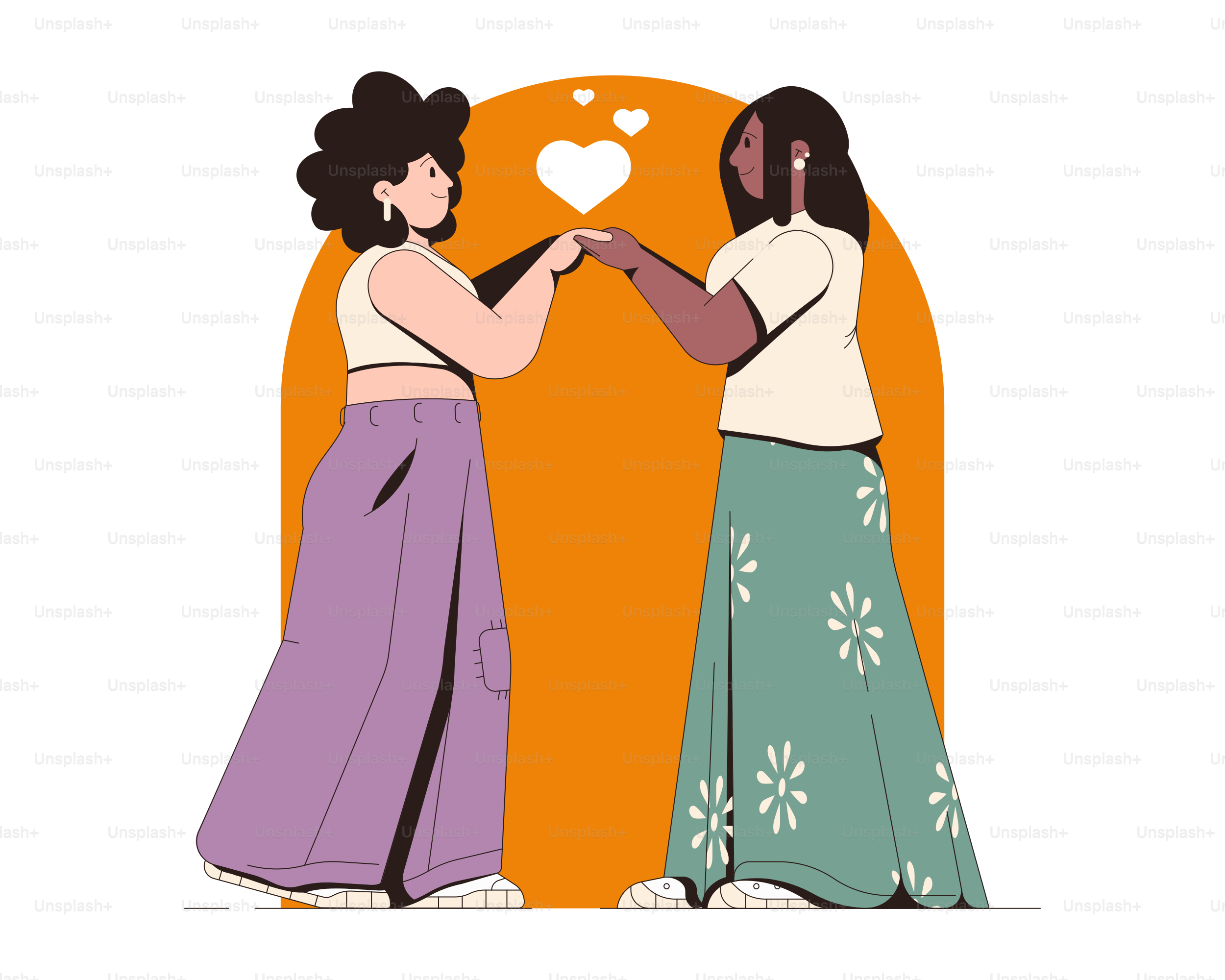 Two women holding hands with hearts above