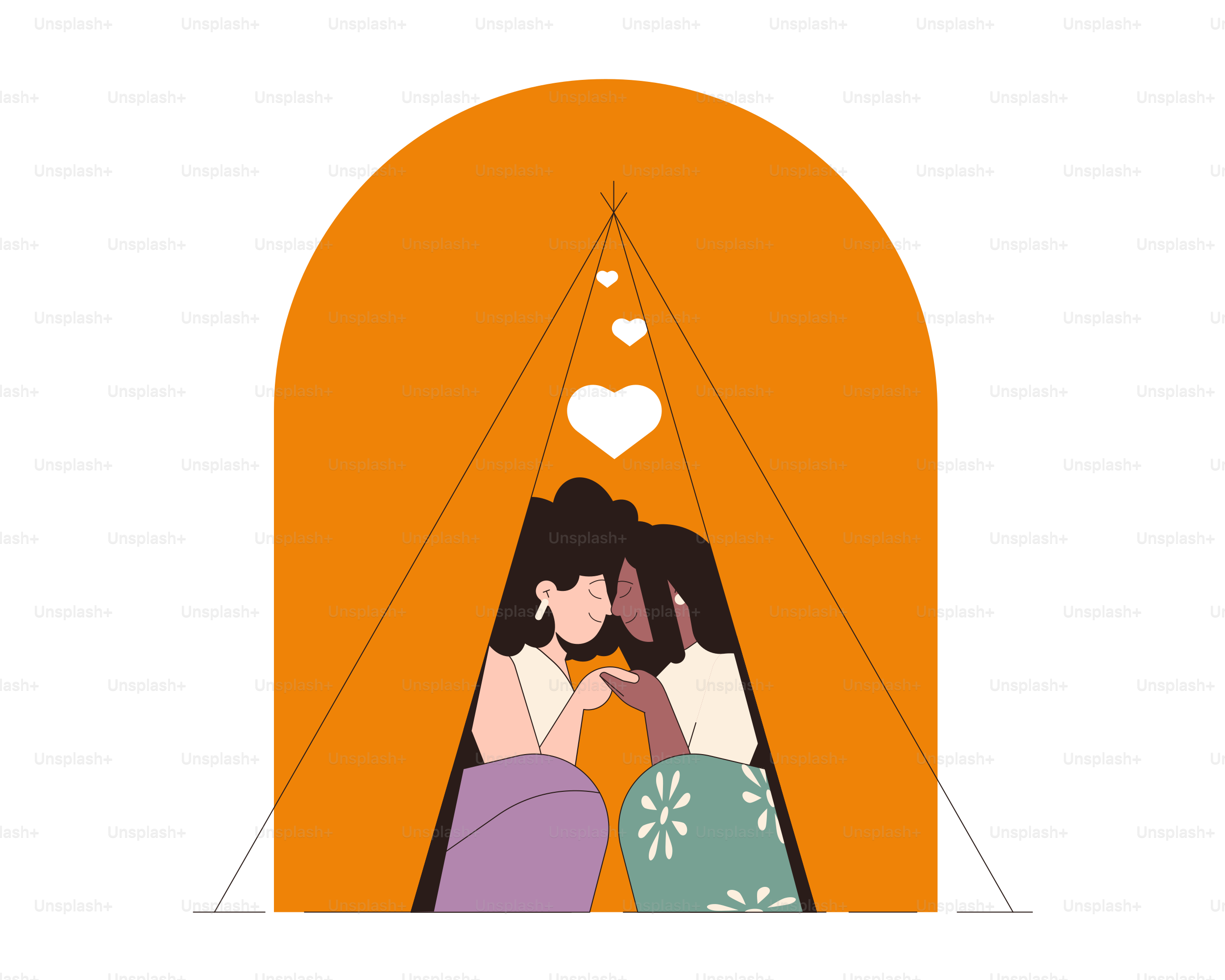 Two women holding hands inside an orange tent