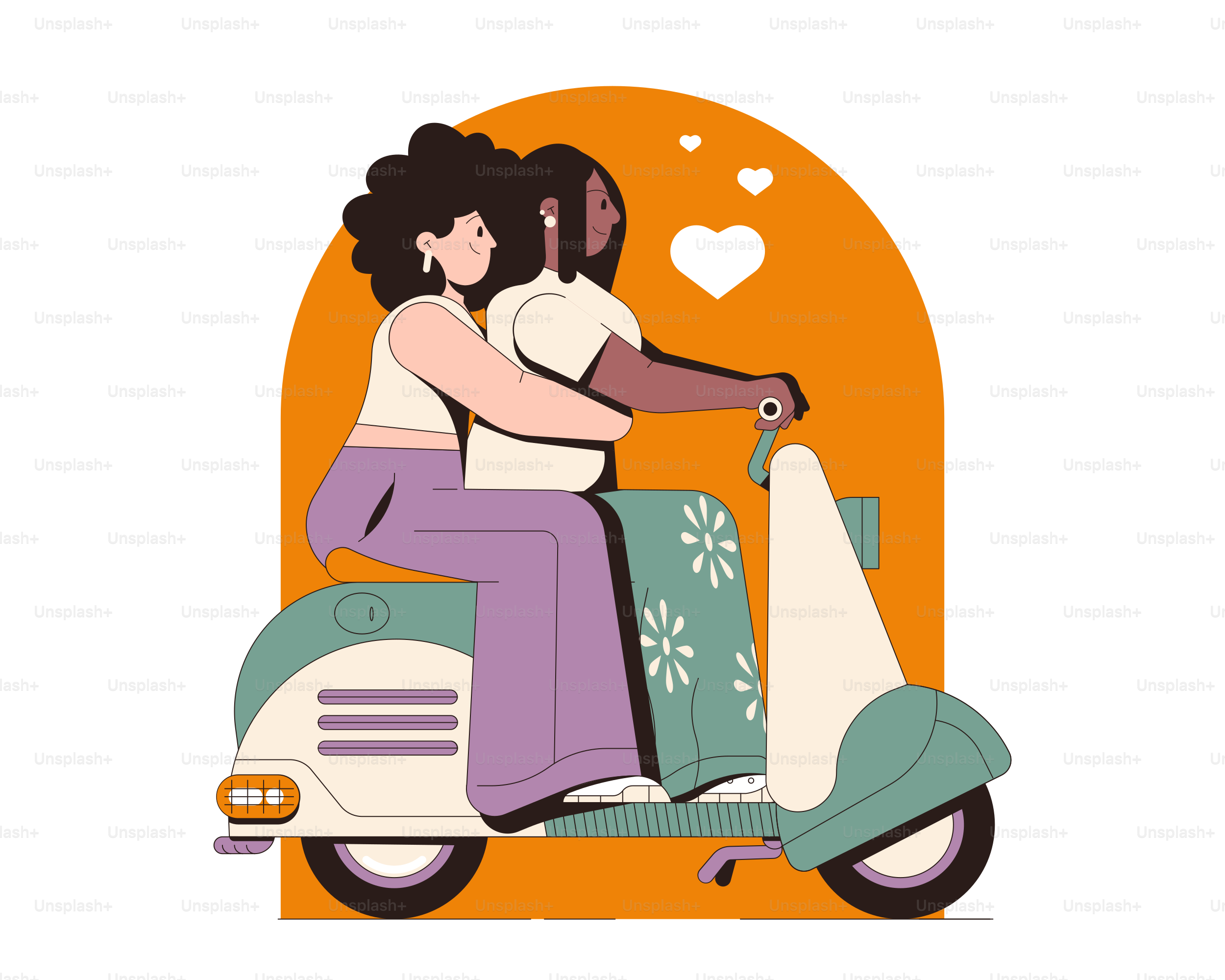 Two people riding a scooter with hearts