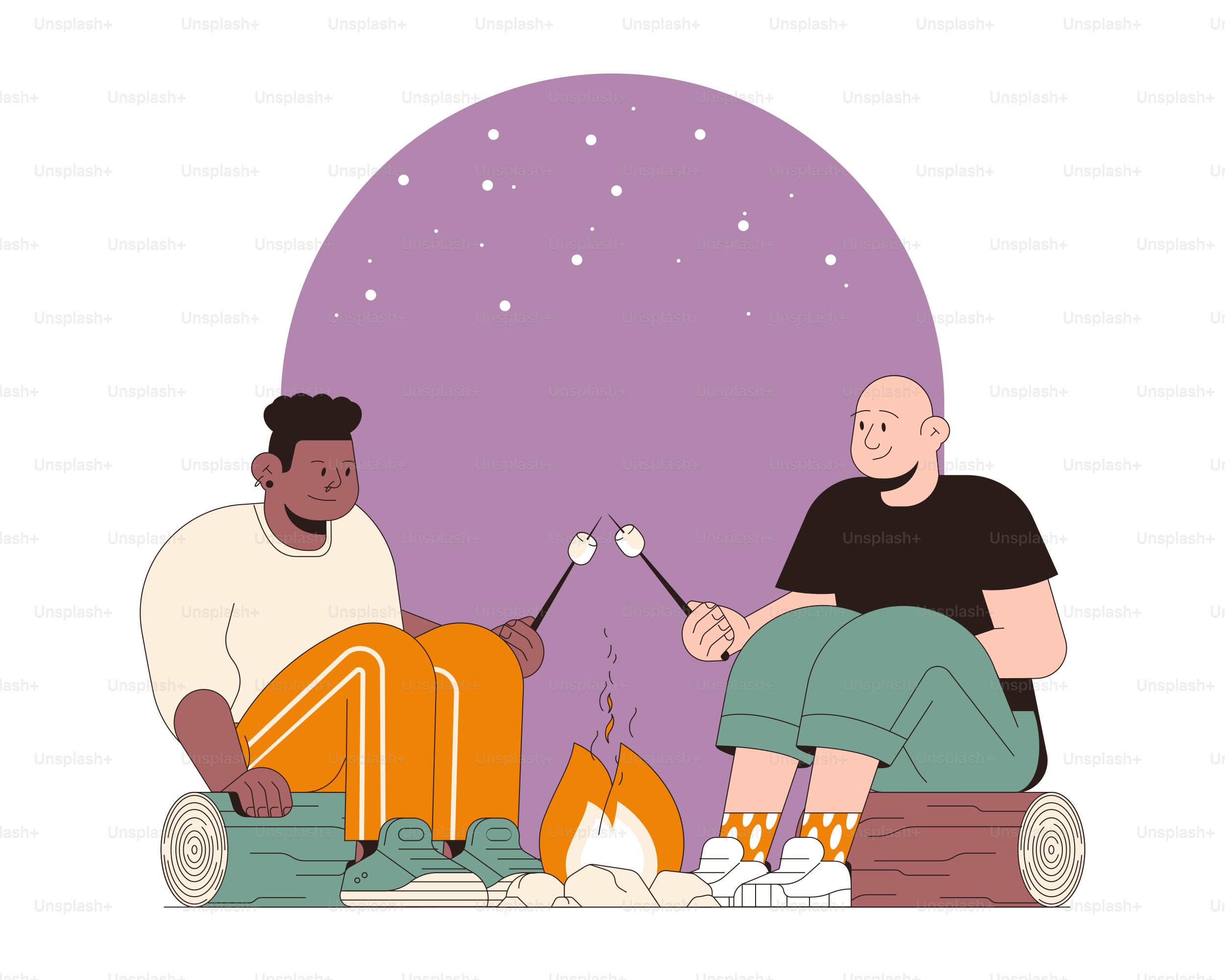 Two people roasting marshmallows over a campfire