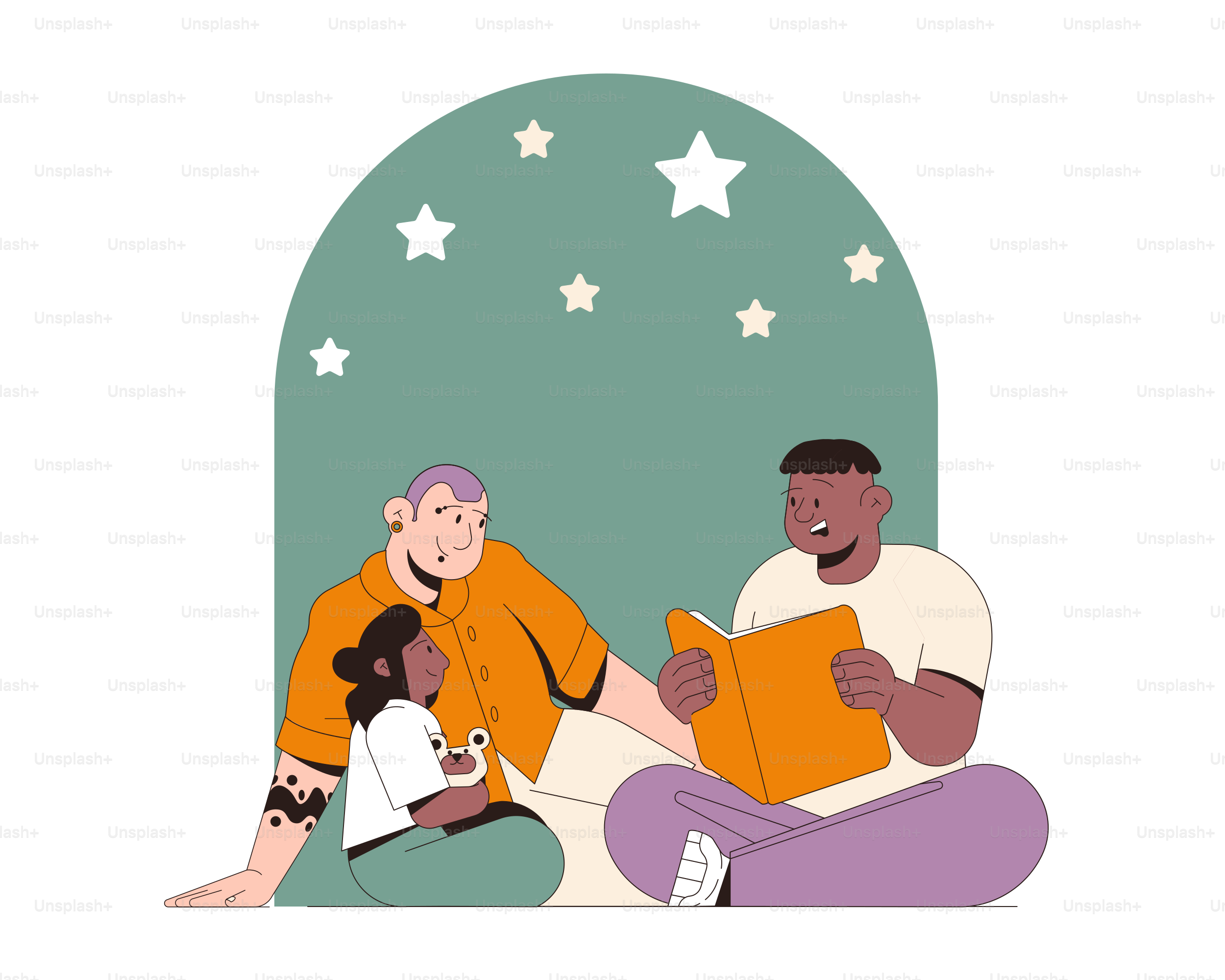 Zwei Erwachsene lesen einem Kind ein Buch vor.