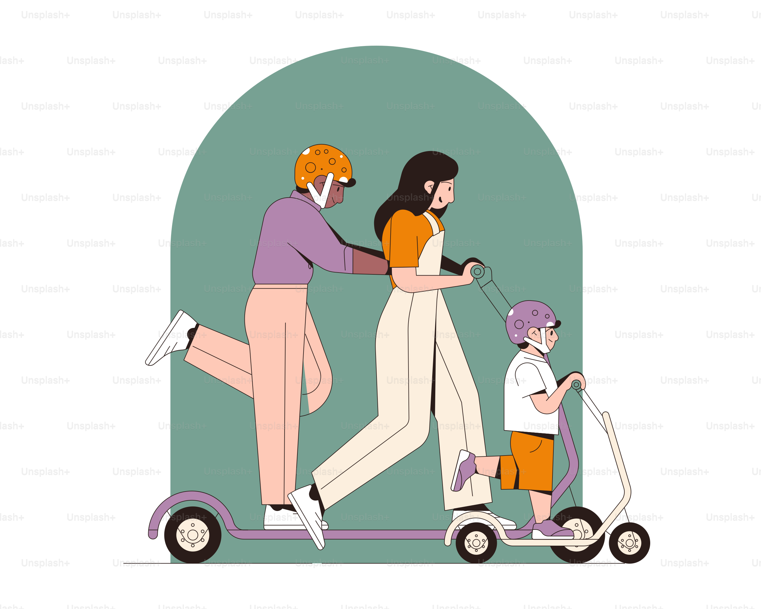 Familia montando en scooter juntos al aire libre