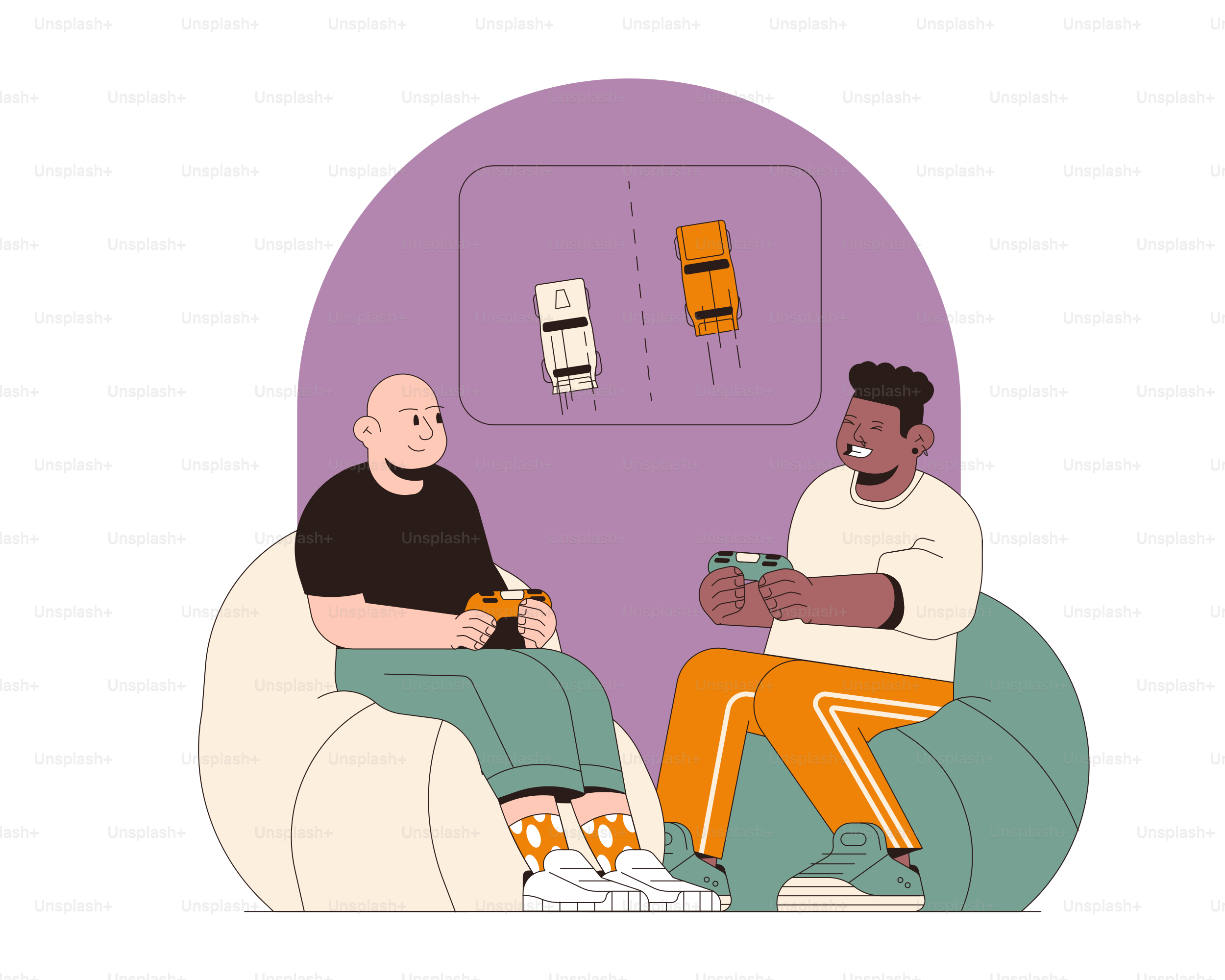 Two friends playing video games together on beanbag chairs.