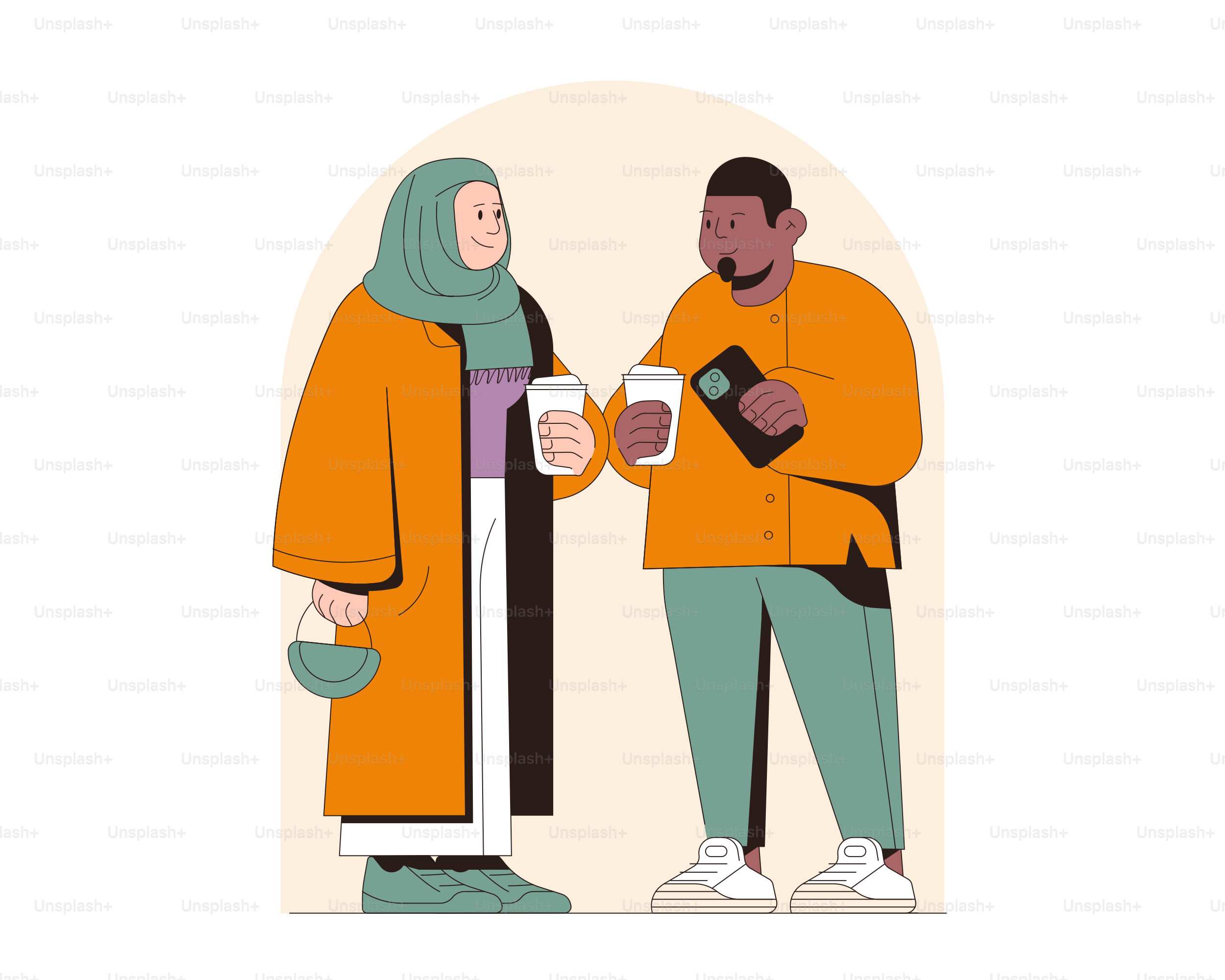 Two people holding coffee cups and talking