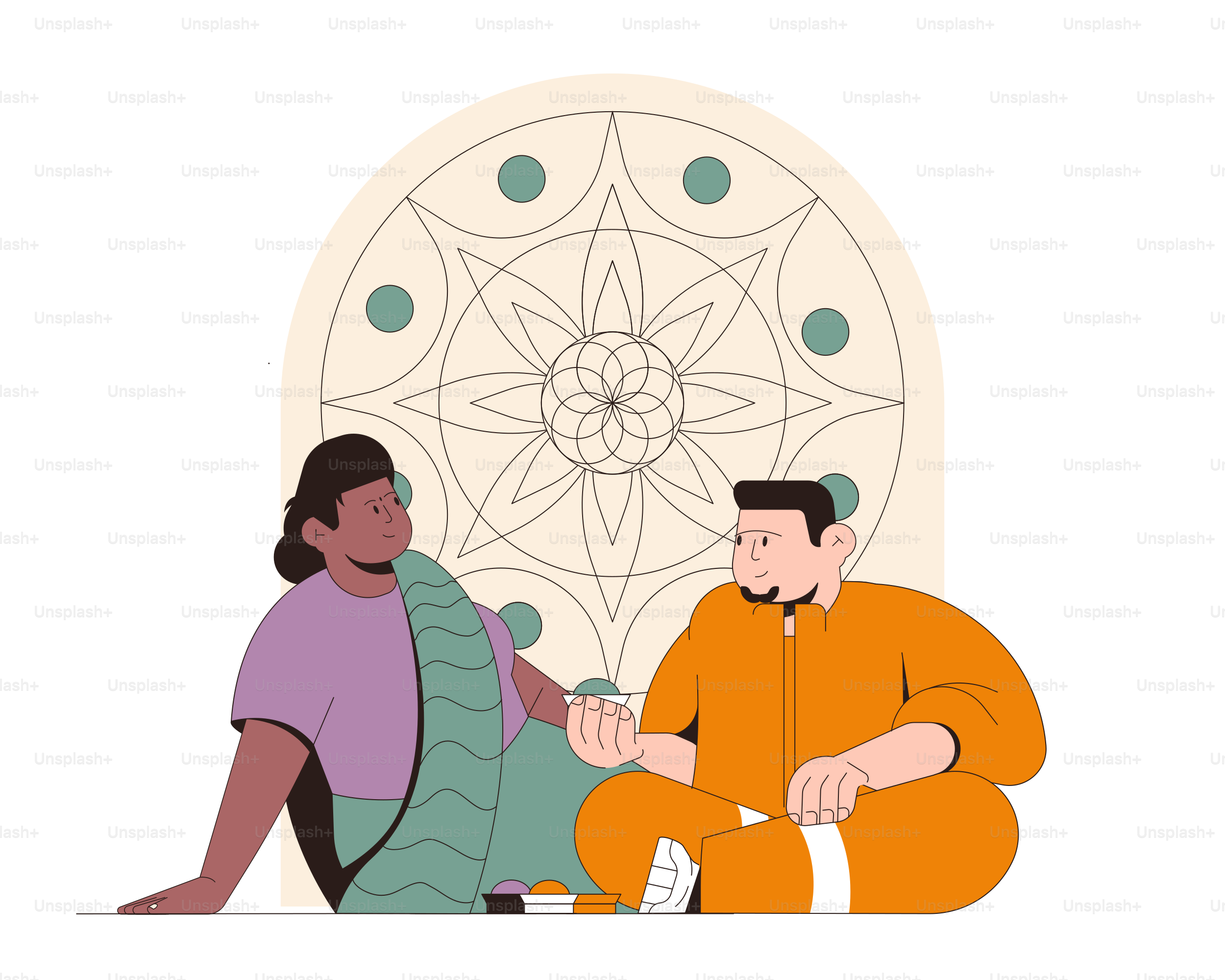 Due persone sedute a parlare sotto un mandala