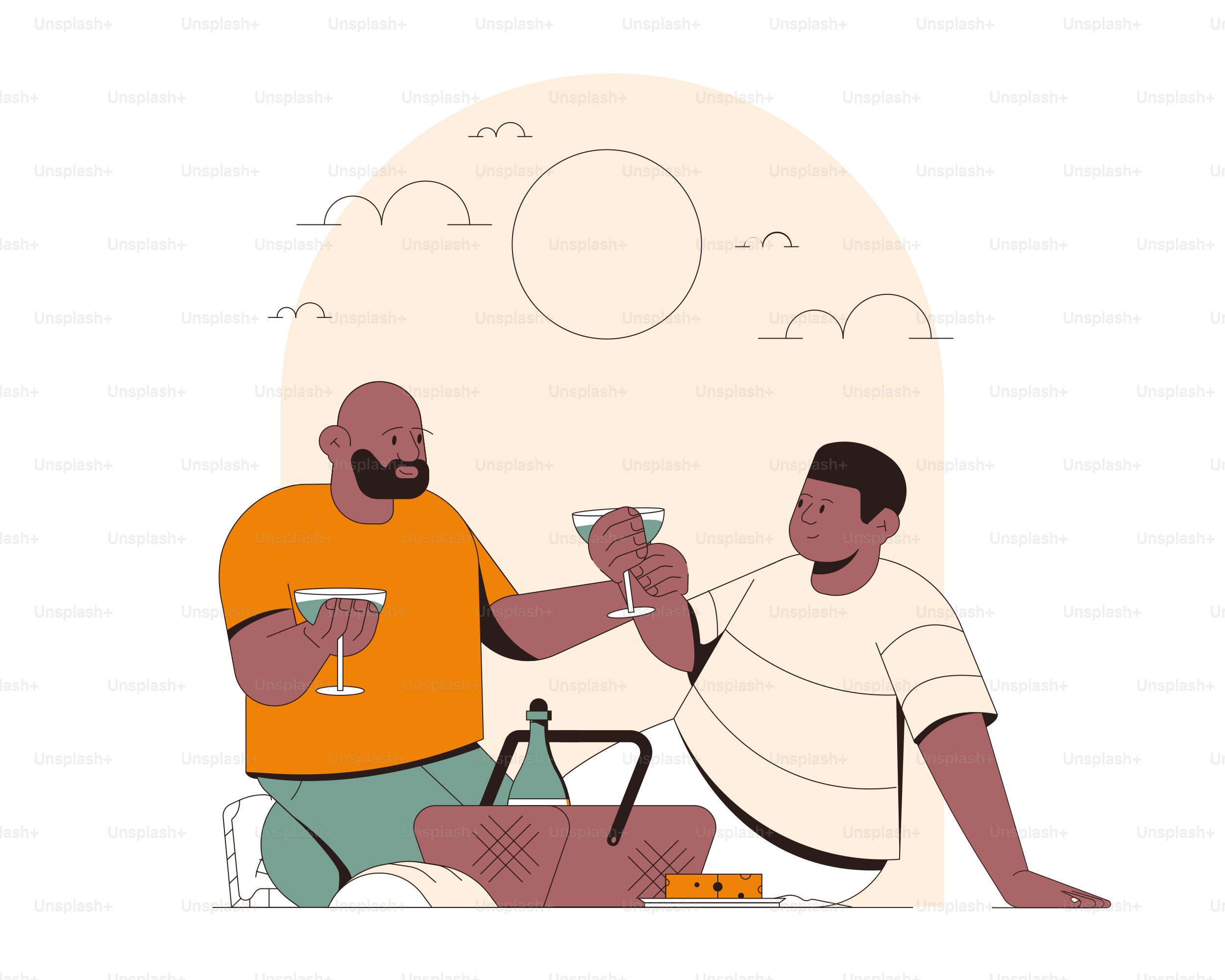 Two men toasting drinks at a picnic