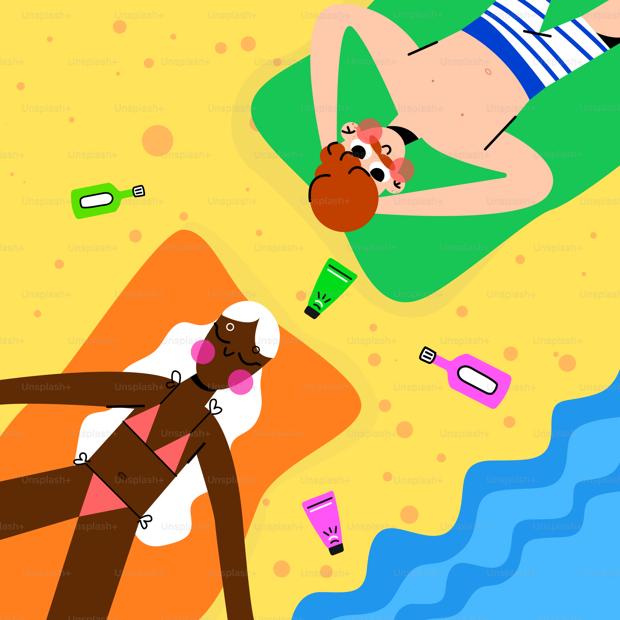 Two people relaxing on a sunny beach with sunscreen.