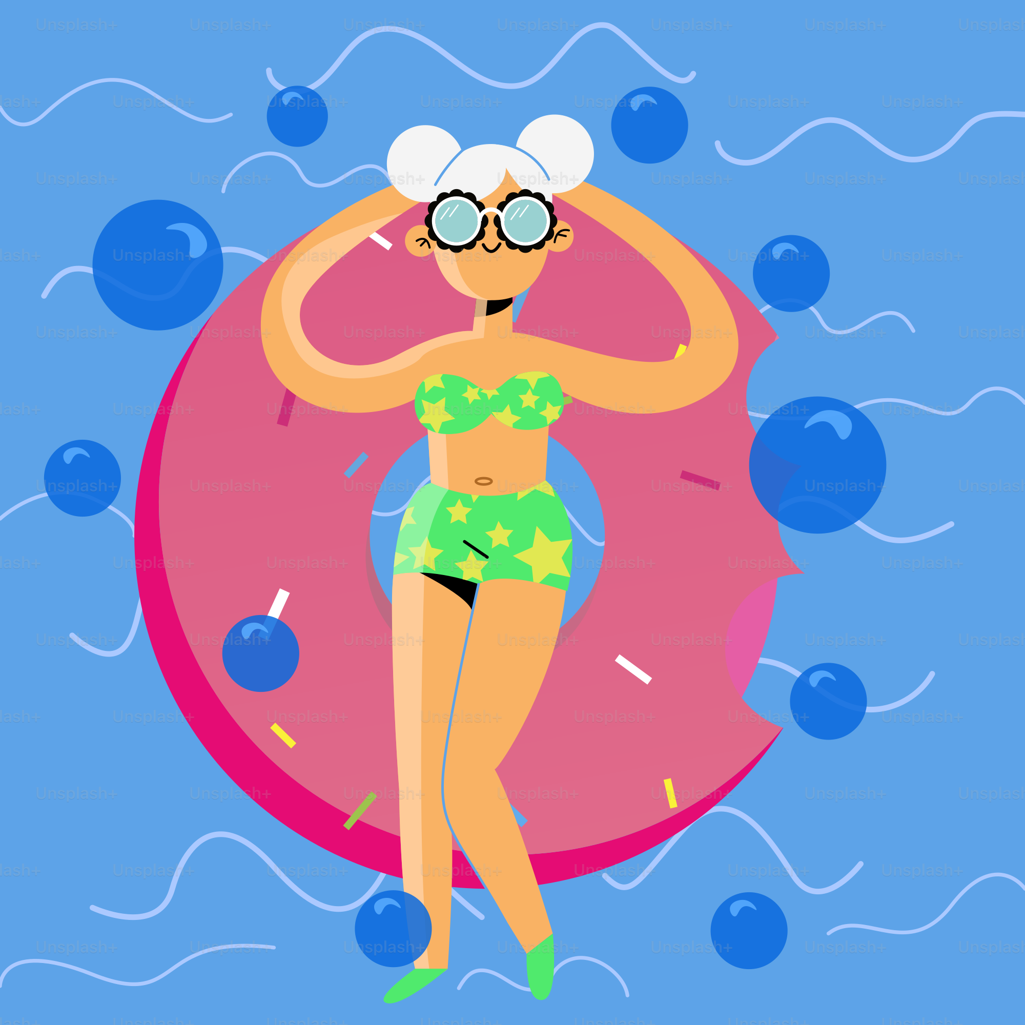 Donna in bikini che galleggia su ciambella nell'acqua blu