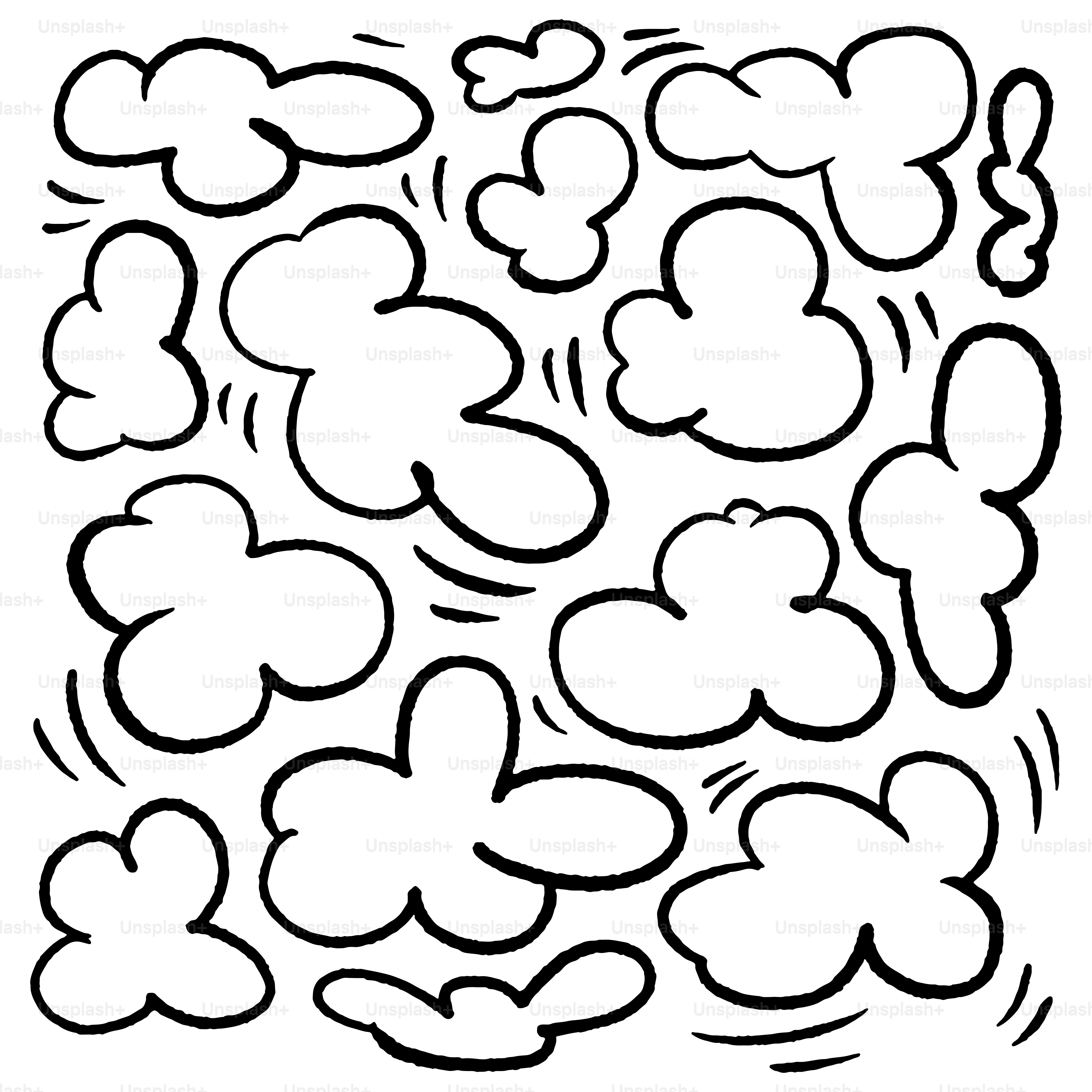 A collection of cartoon clouds with wavy lines.