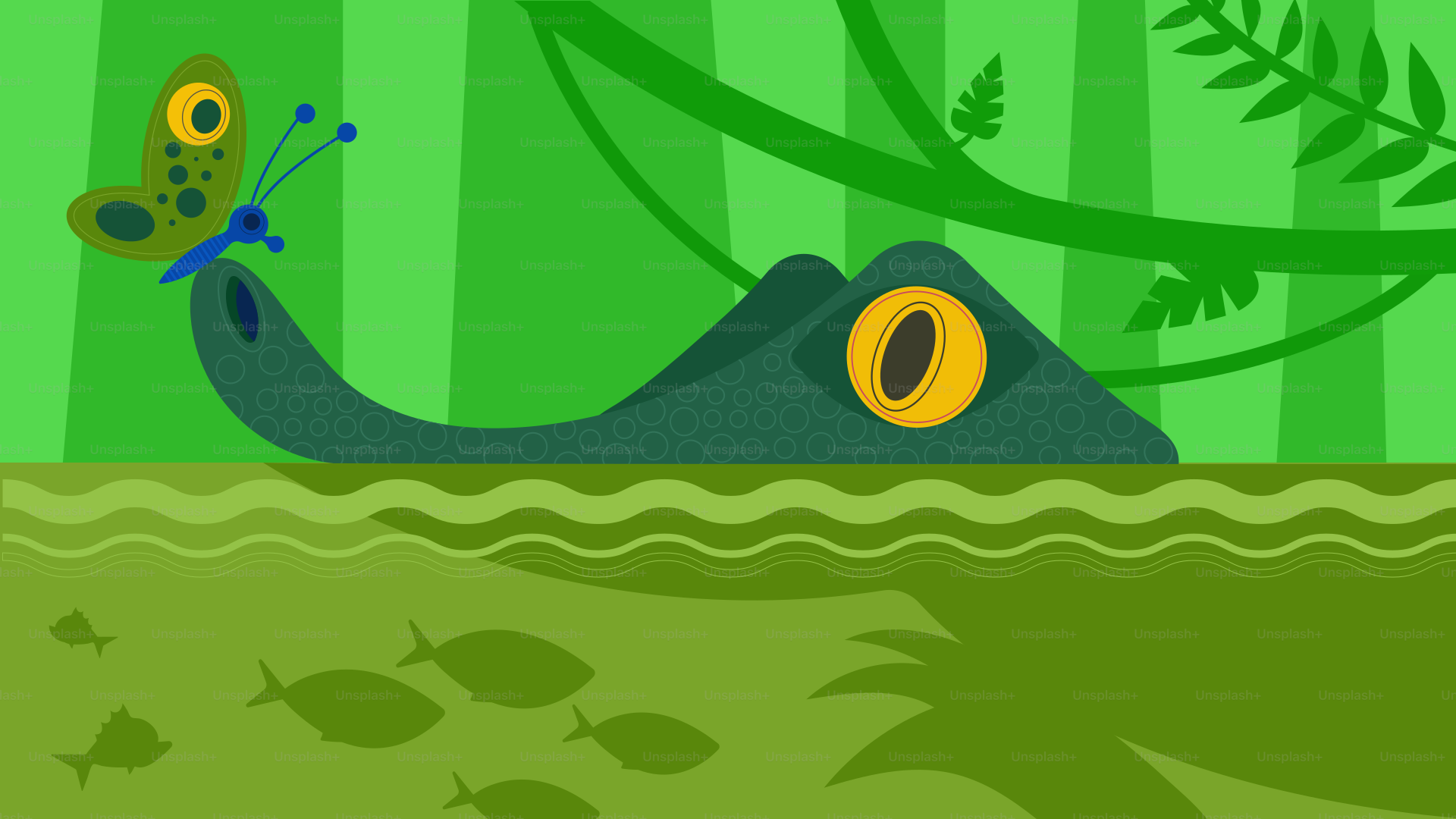 Un papillon se pose sur le museau d’un alligator dans une jungle.