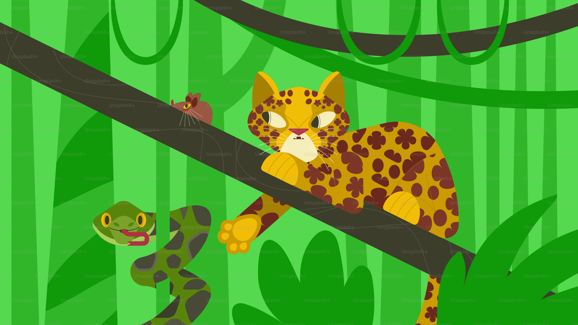 A leopard on a tree branch with a snake.