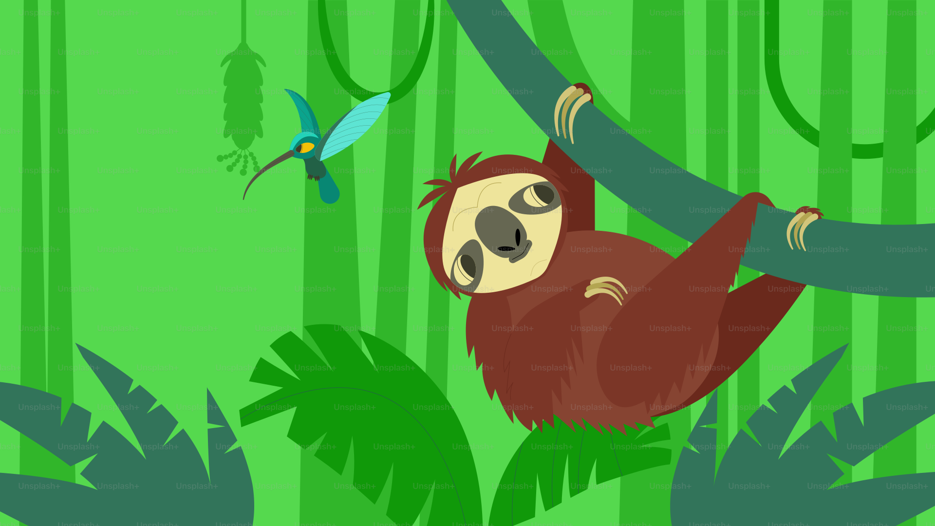 A sloth hangs from a branch with a hummingbird nearby.