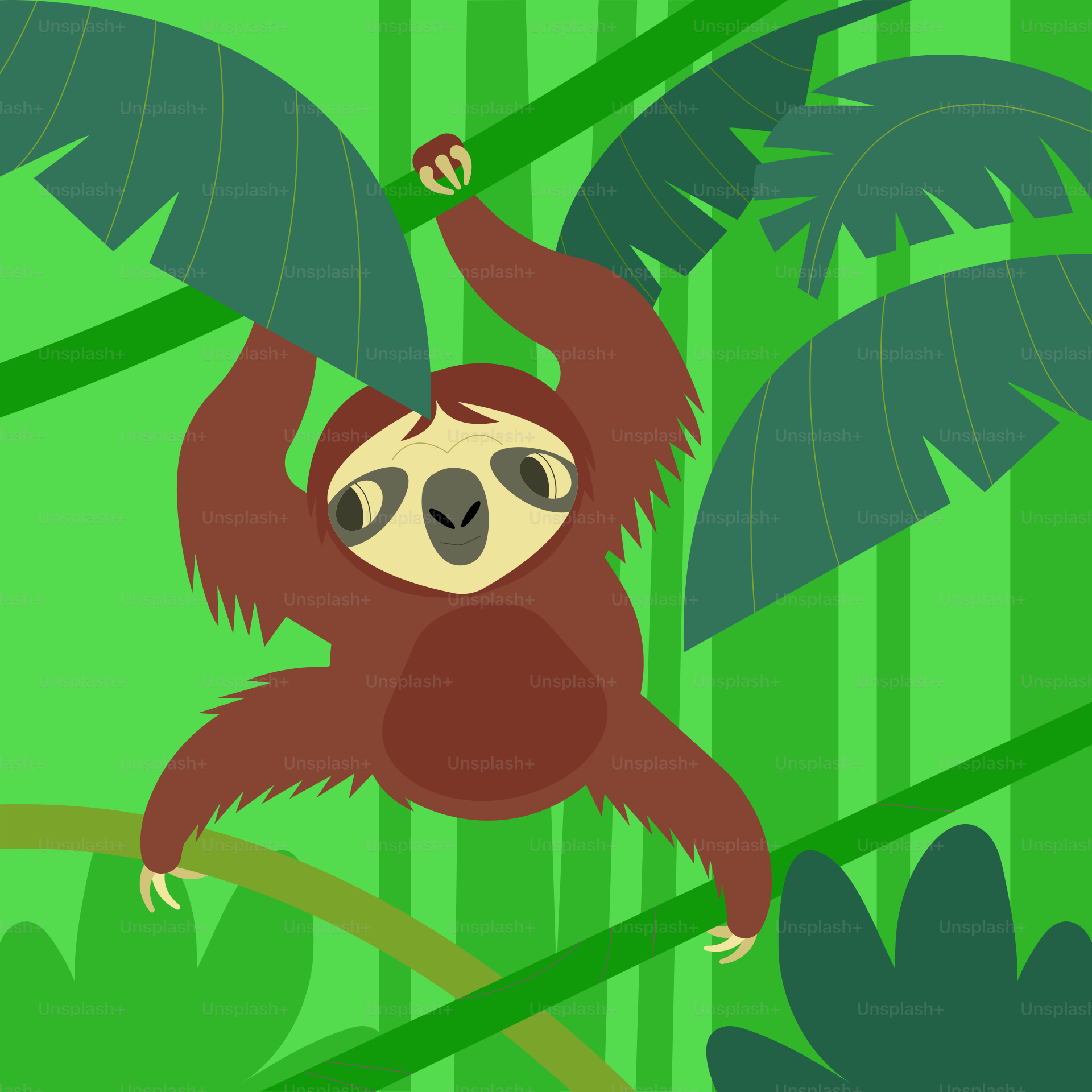 A sloth hangs from a tree branch in a jungle.