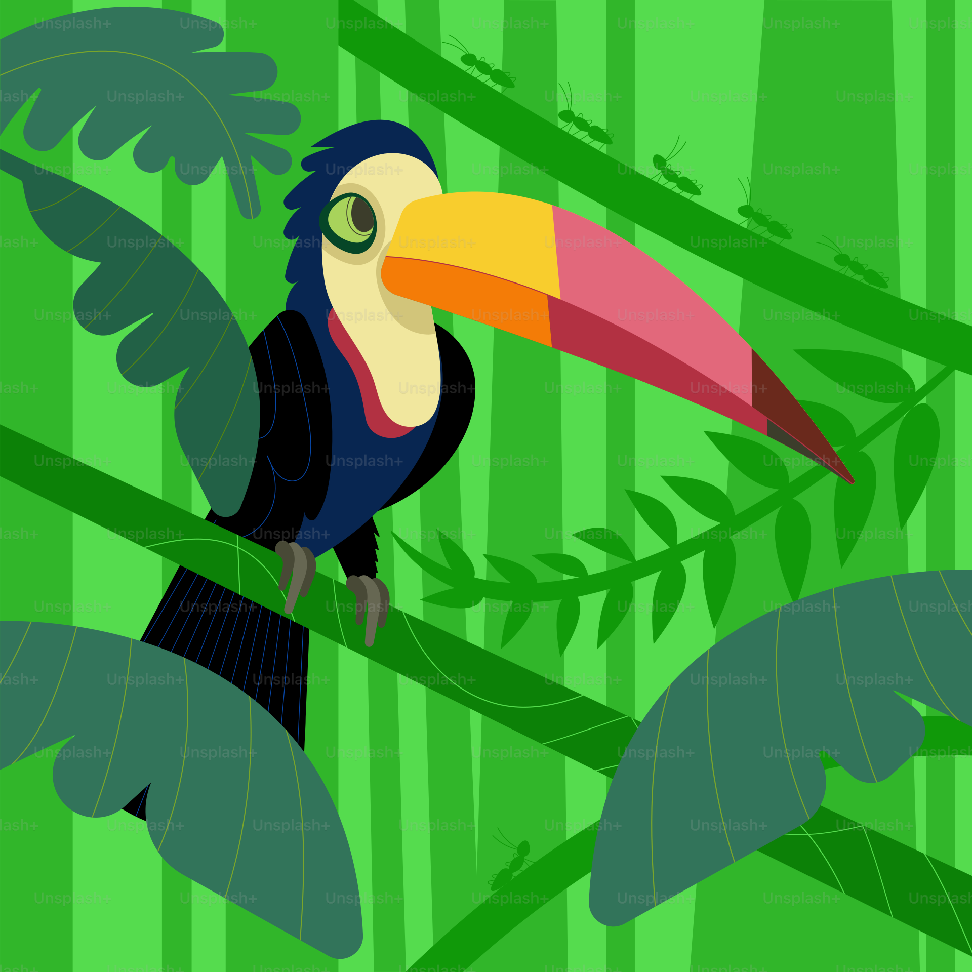 A toucan sits on a branch surrounded by jungle leaves.
