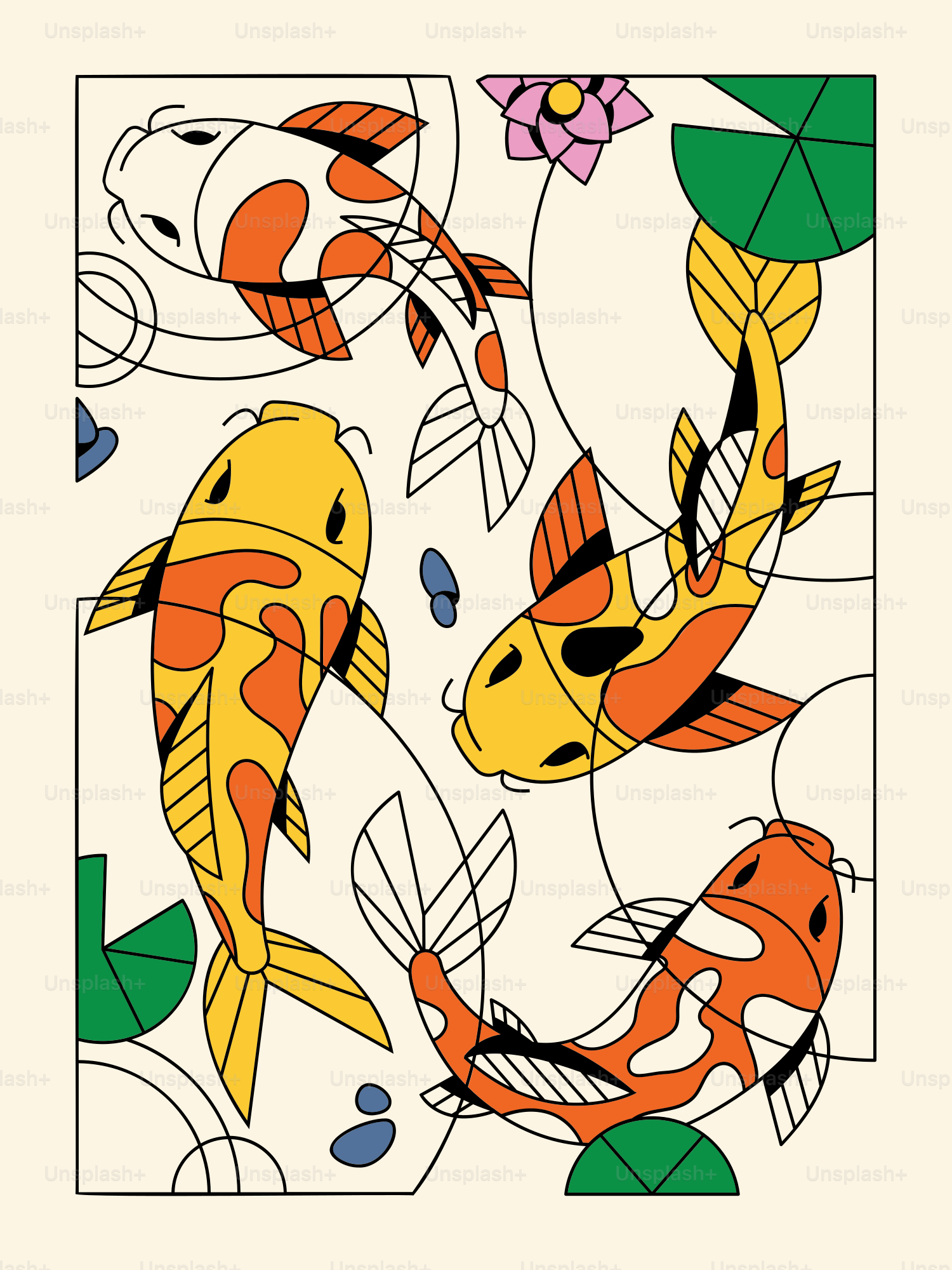 Three colorful koi fish swim among lily pads.