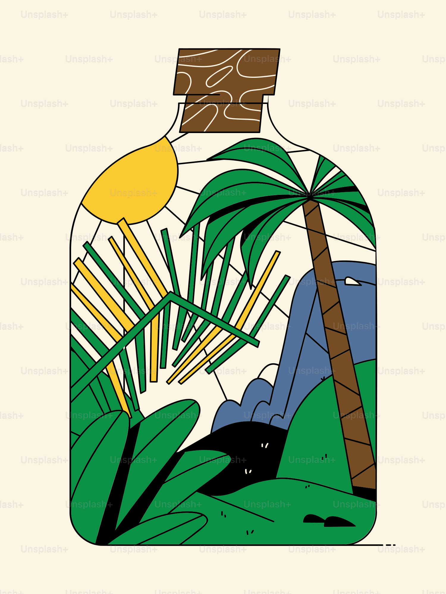 Tropical island landscape inside a bottle