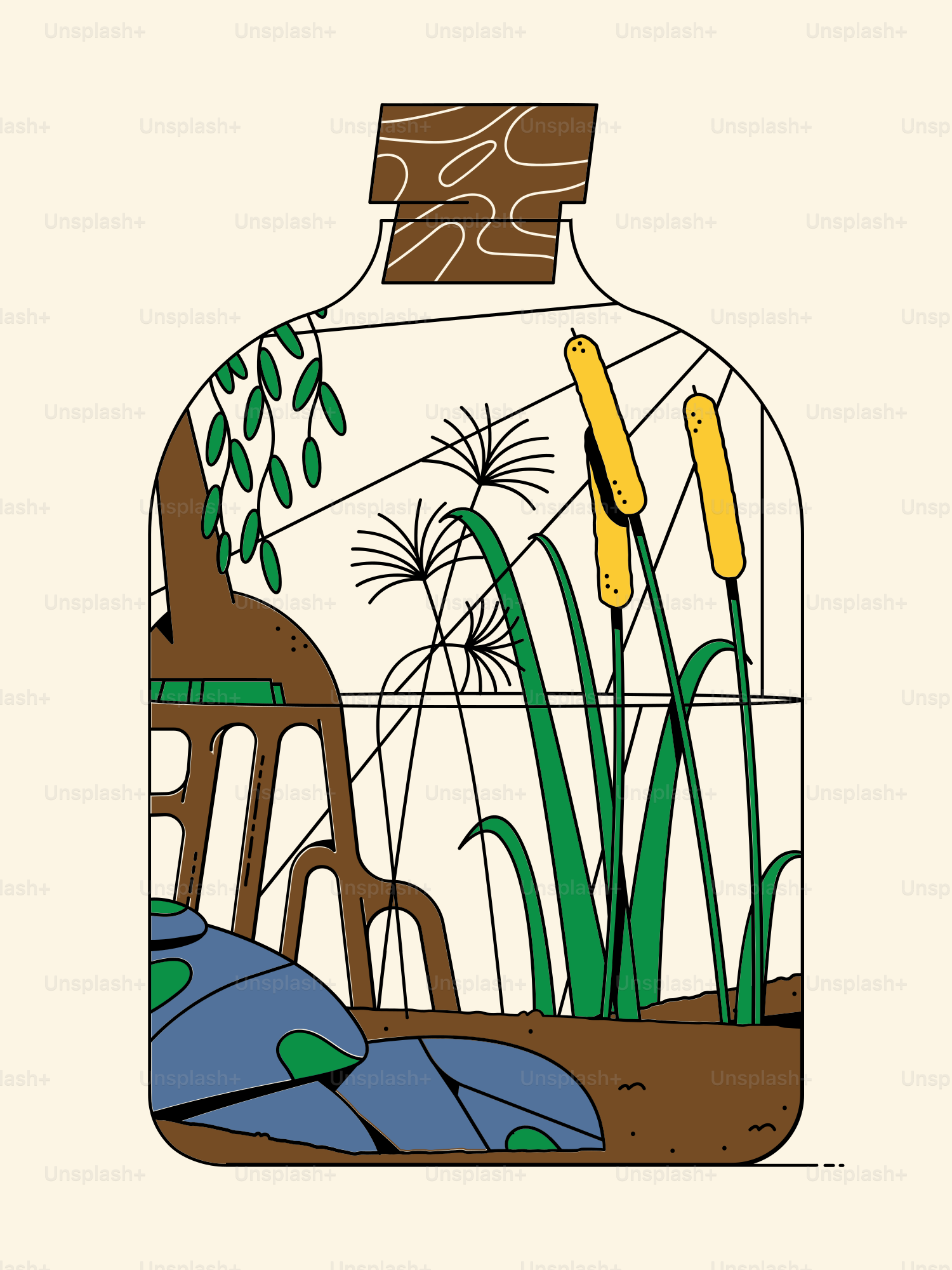 A bottle with plants inside of it sitting on a table