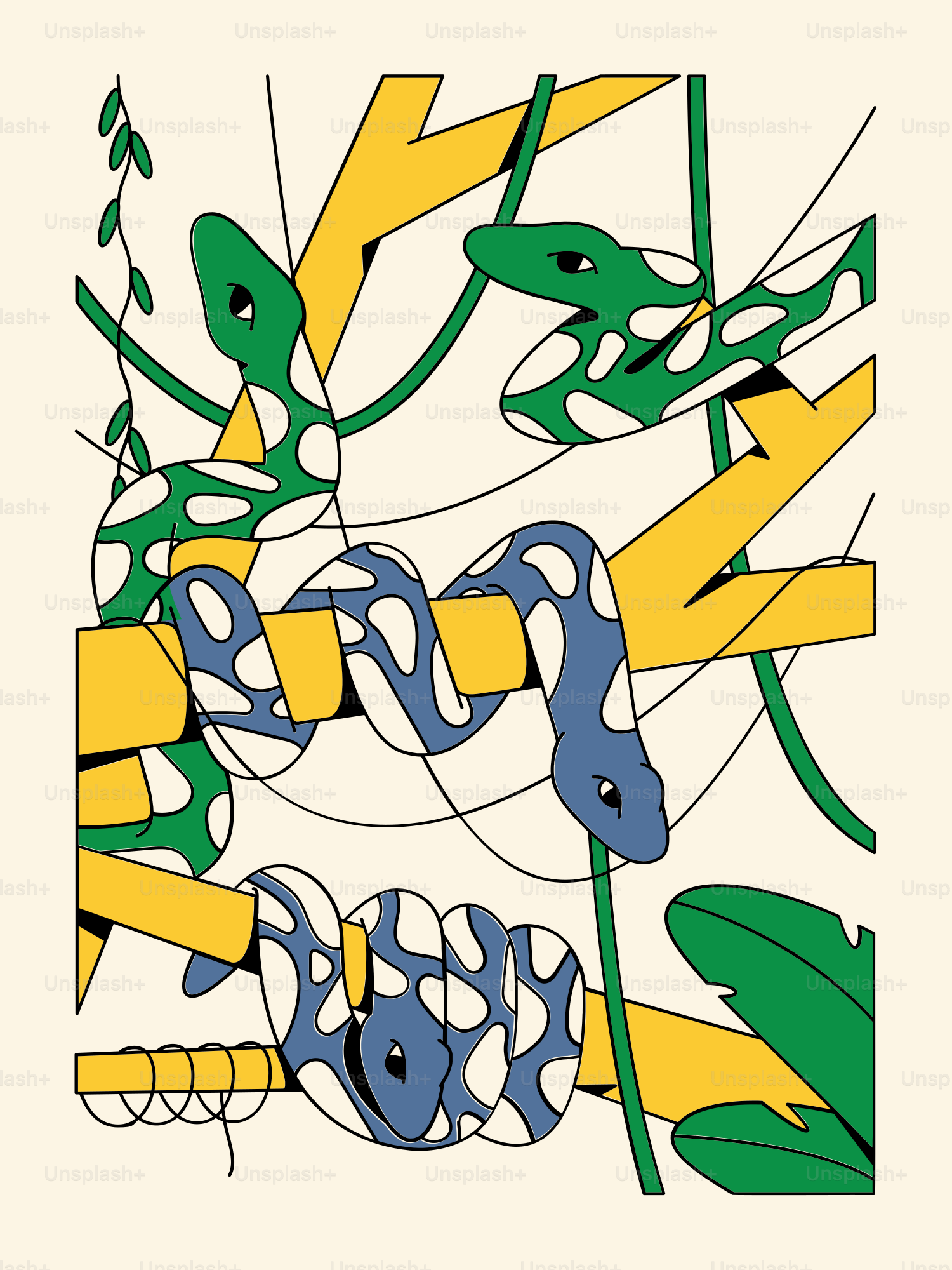 Three snakes coiled on branches in a jungle.