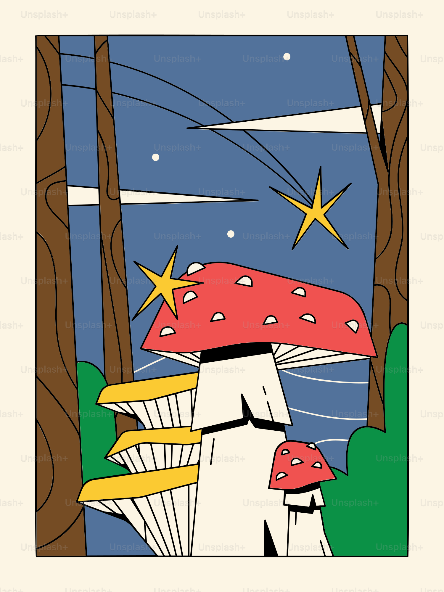 Stylized mushrooms under a starry night sky