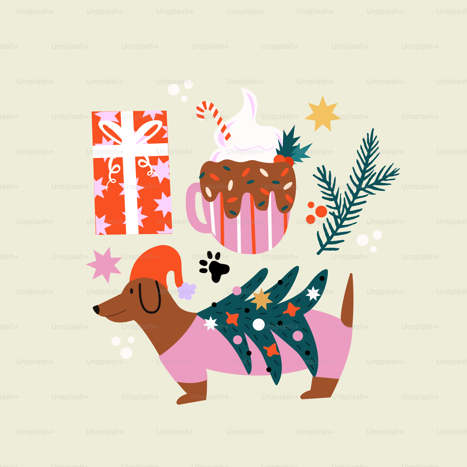 Un dachshund sostiene un regalo de Navidad