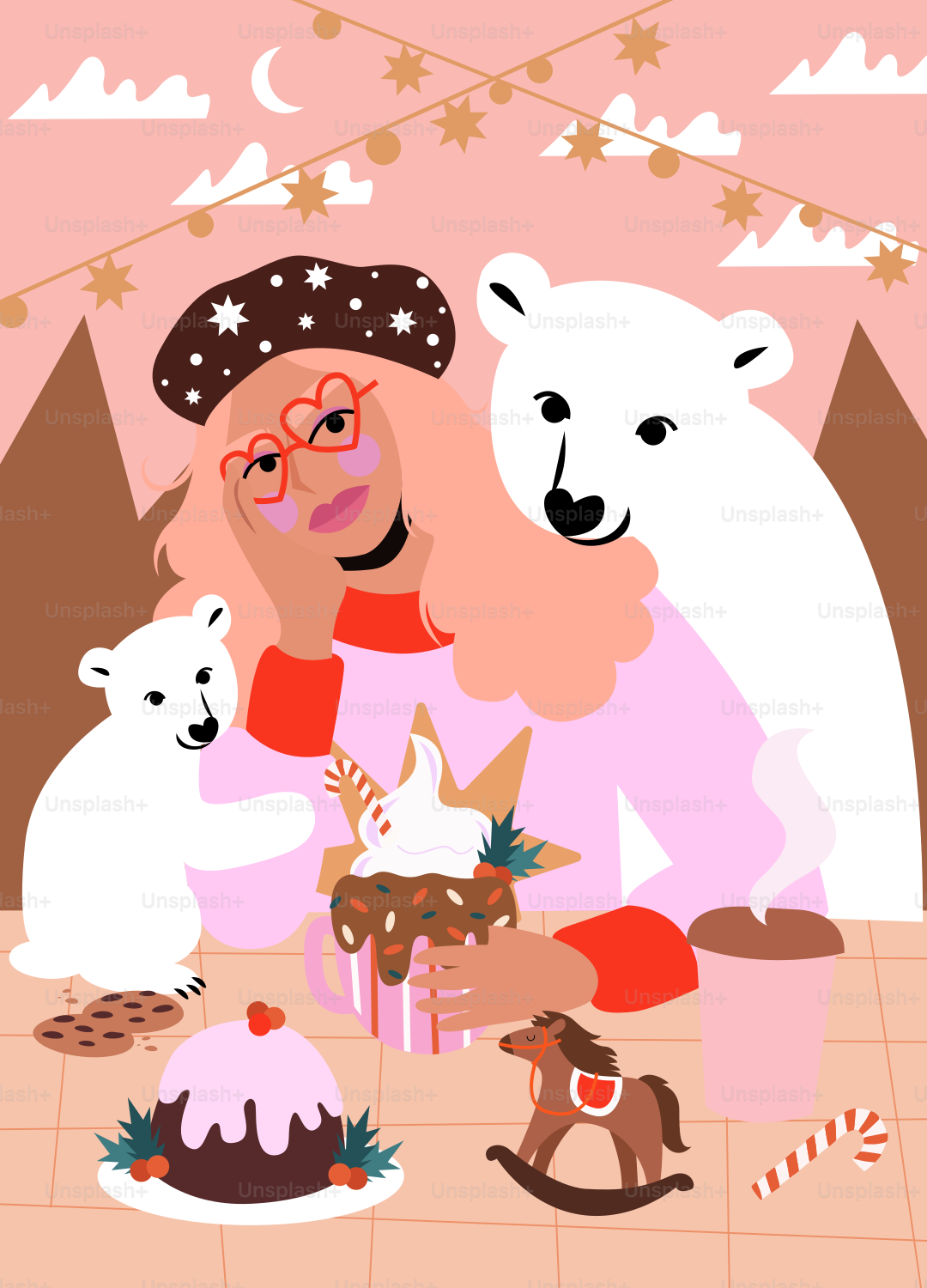 Woman with polar bears and festive treats