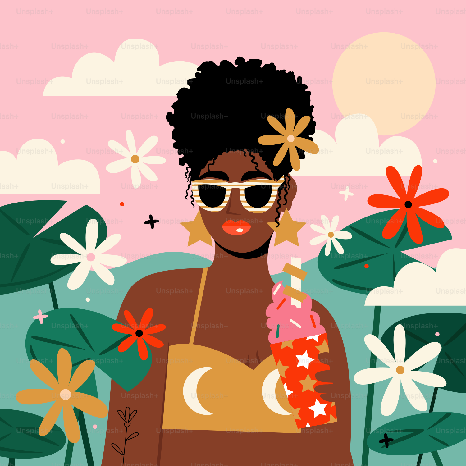 Woman with sunglasses holding ice cream surrounded by flowers
