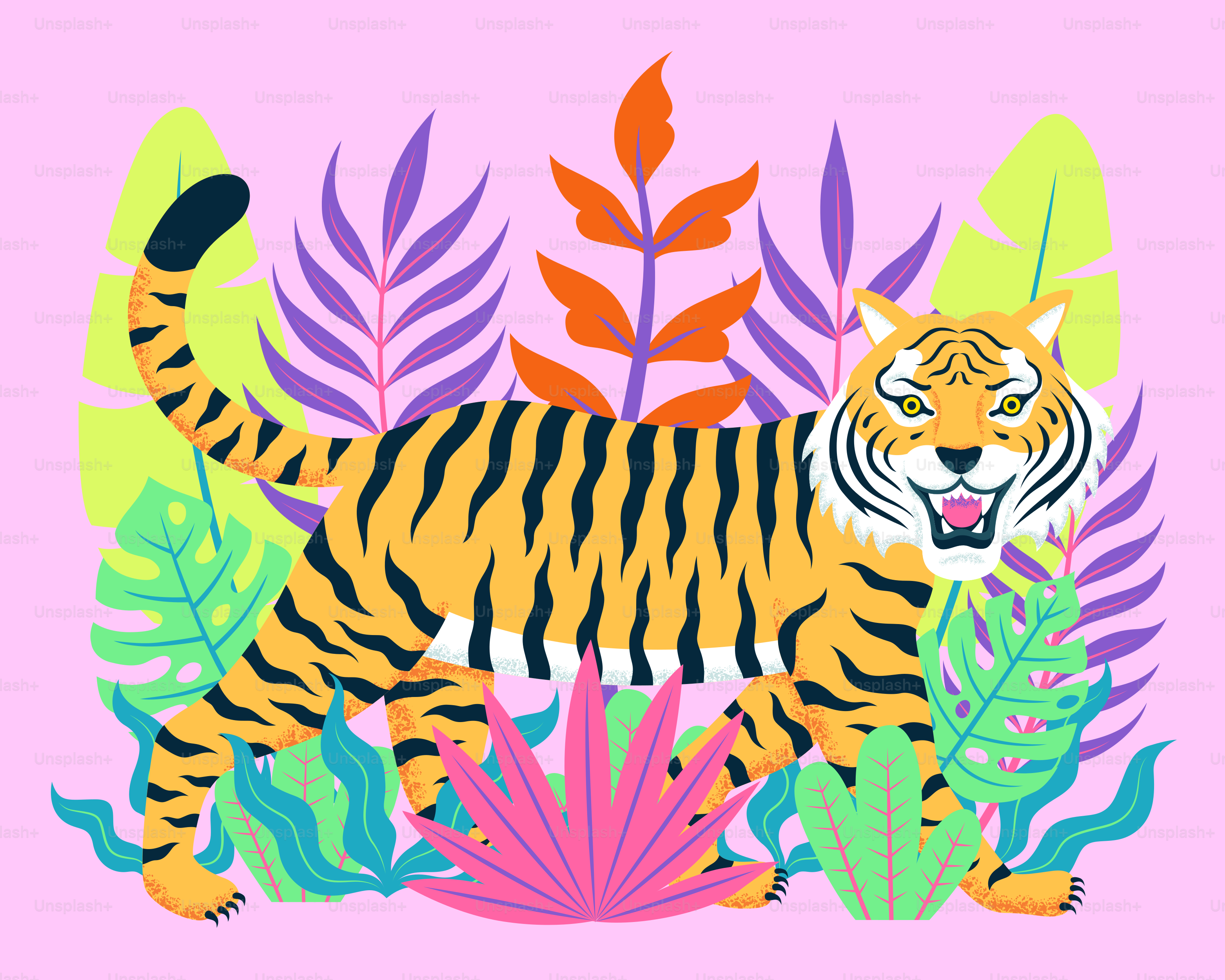 A tiger surrounded by plants and leaves on a pink background