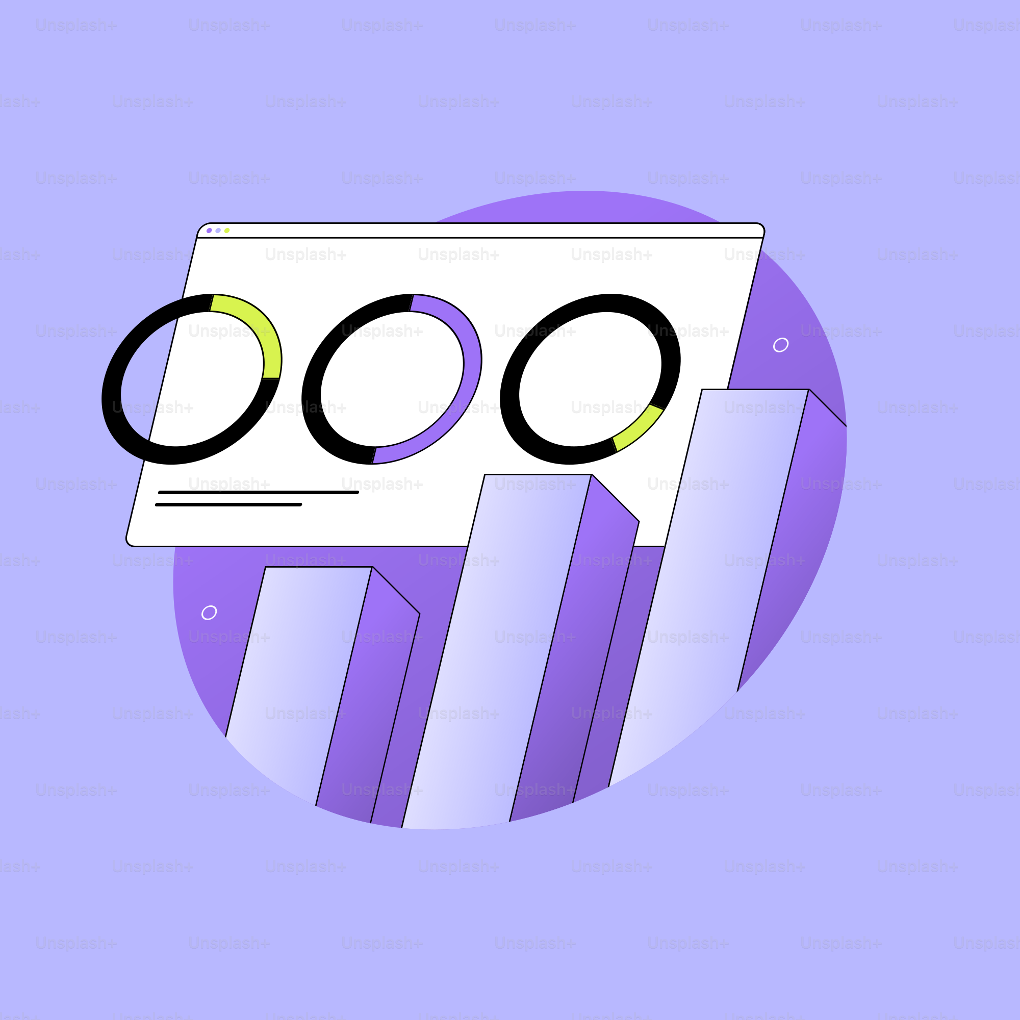 Abstraktes Balkendiagramm und Runddiagramme auf violettem Hintergrund