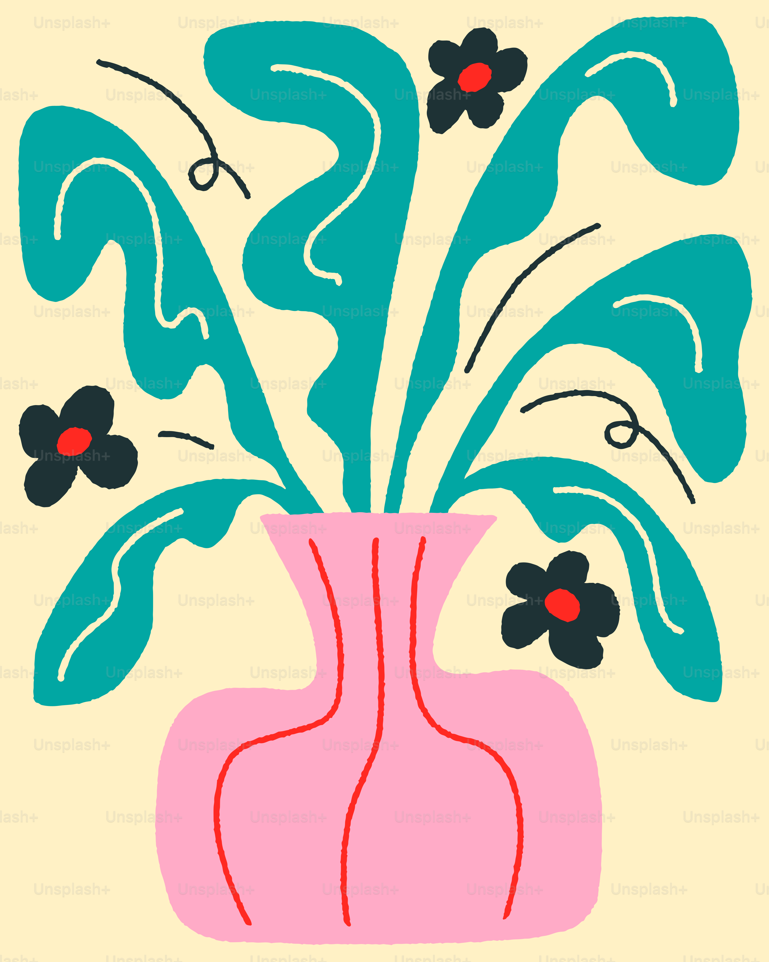 A pink vase with abstract teal leaves and red flowers.